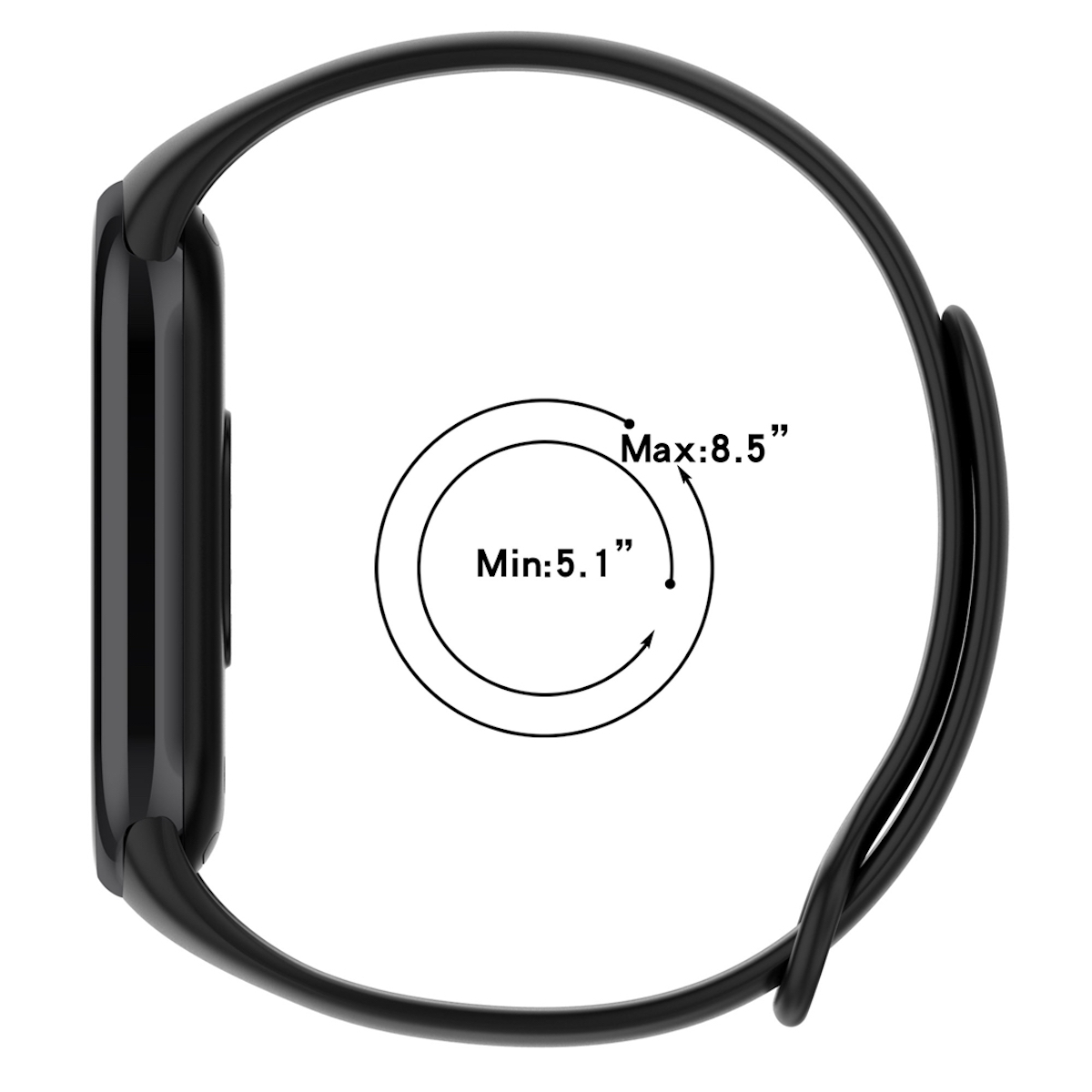 Ein schwarzes Fitness-Tracker-Armband, das den Größenbereich von 5,1" bis 8,5" in einem Kreis zeigt.