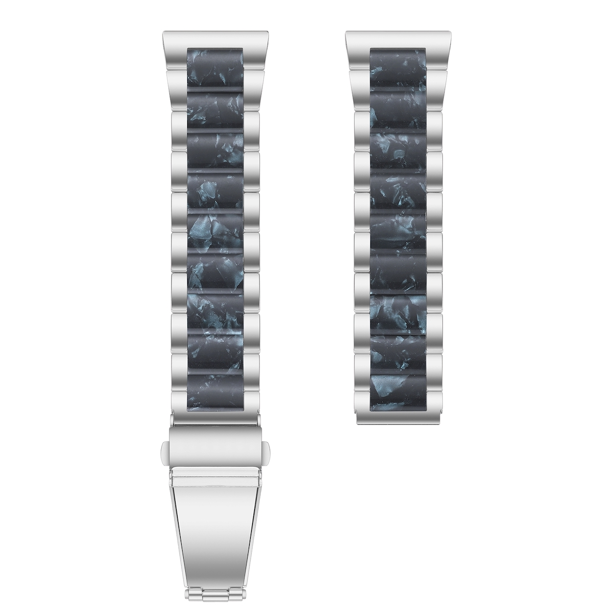 Zwei silberne Armbänder, jedes mit einem blau-grauen, gemusterten Mittelteil.