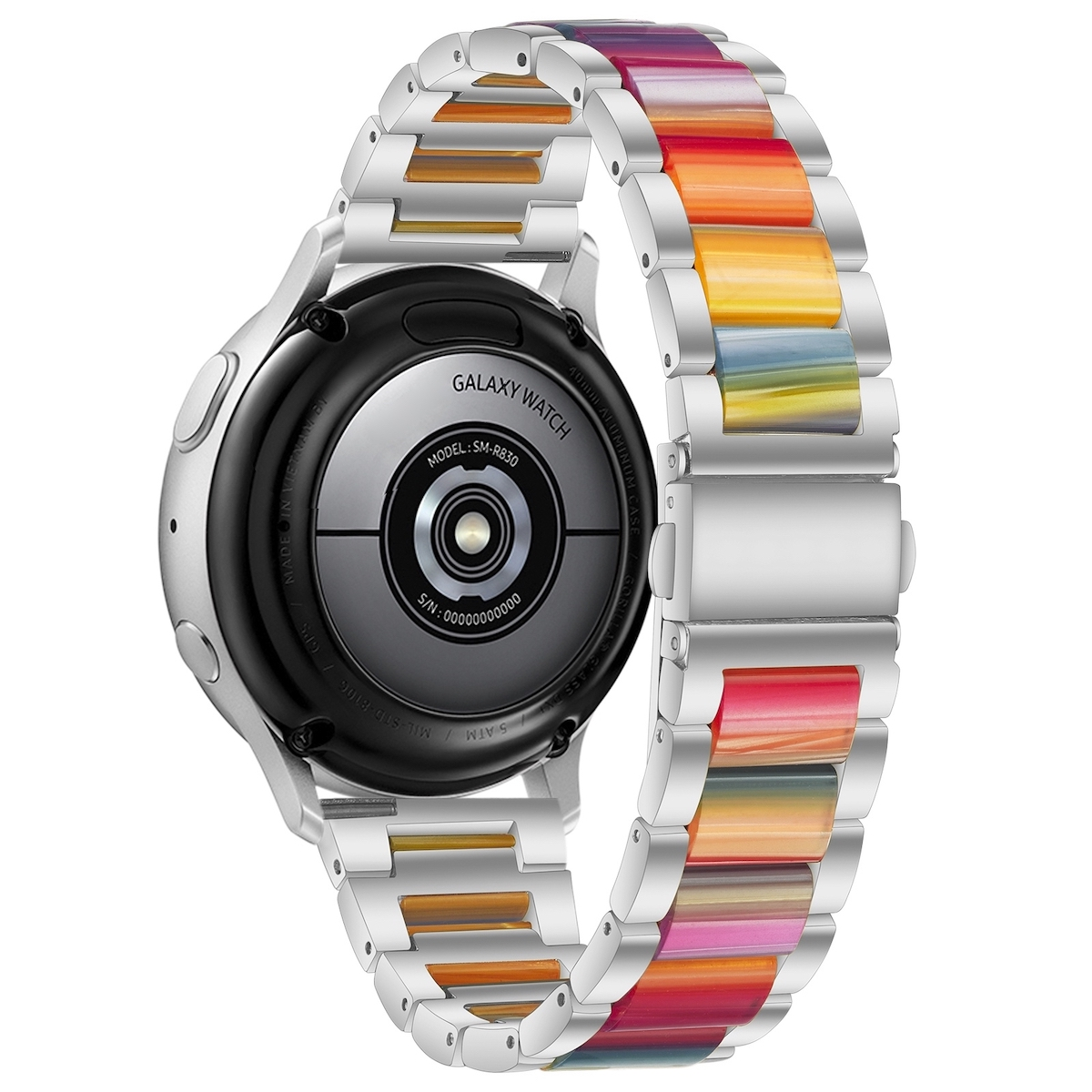 Eine Galaxy Watch mit farbenfrohem Armband, zeigt die Rückseite der Uhr und das Band.