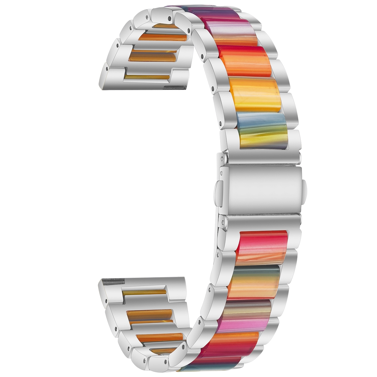Silbernes Uhrenarmband mit bunten Streifen. Das Armband besteht aus Metallgliedern.