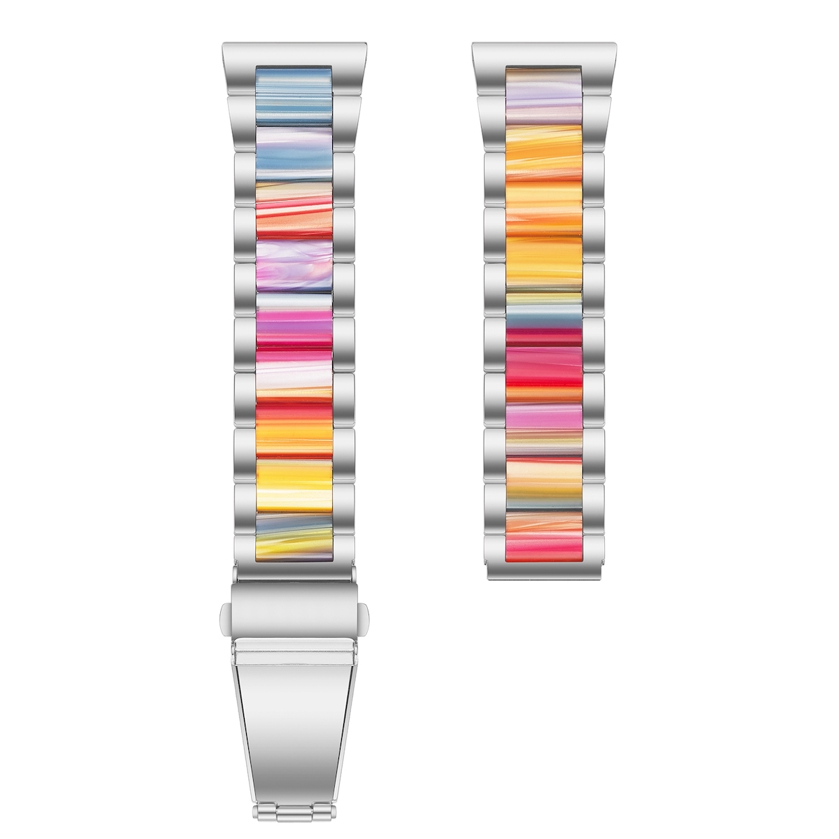 Zwei bunte Armbänder mit silbernen Verschlüssen. Helle Farben auf den Armbändern.