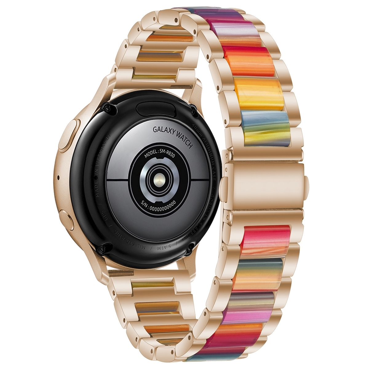 Goldene Uhr mit buntem Armband, Rückansicht einer Galaxy Watch.