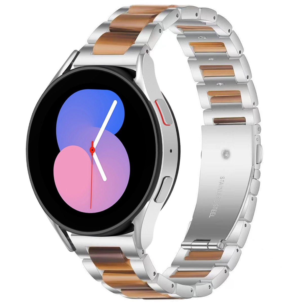 Eine silberne Uhr mit schwarzem Bildschirm und Holzmaserungsgliedern. Das Band ist aus Edelstahl.