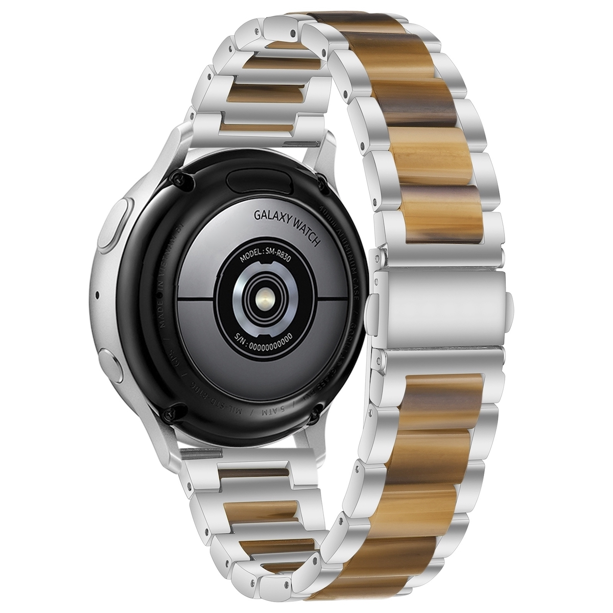 Silberne Smartwatch mit zweifarbigem Armband, Rückseite der Uhr sichtbar.