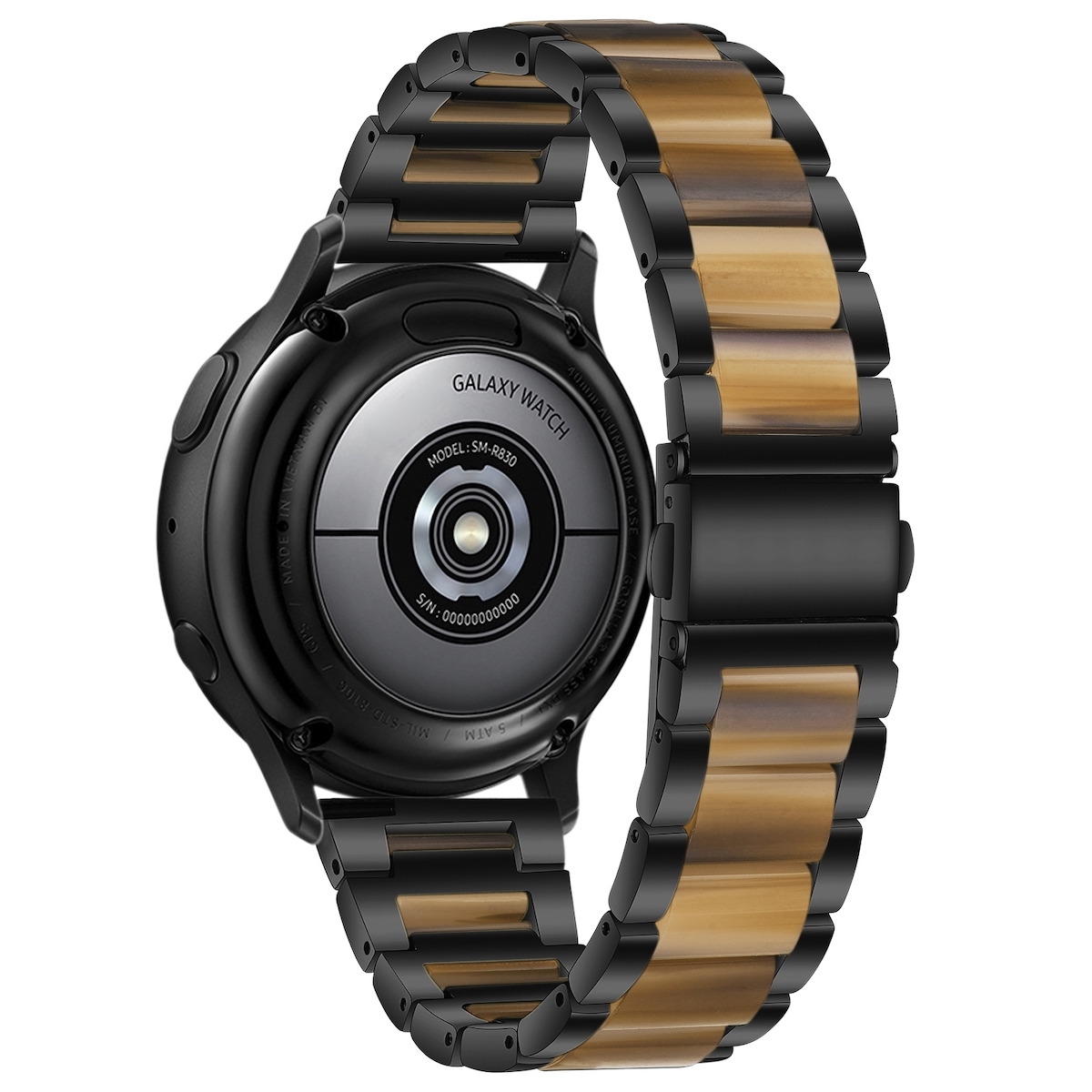 Schwarze Smartwatch mit braun-schwarzem Armband. Die Rückseite zeigt Modell und Seriennummer.