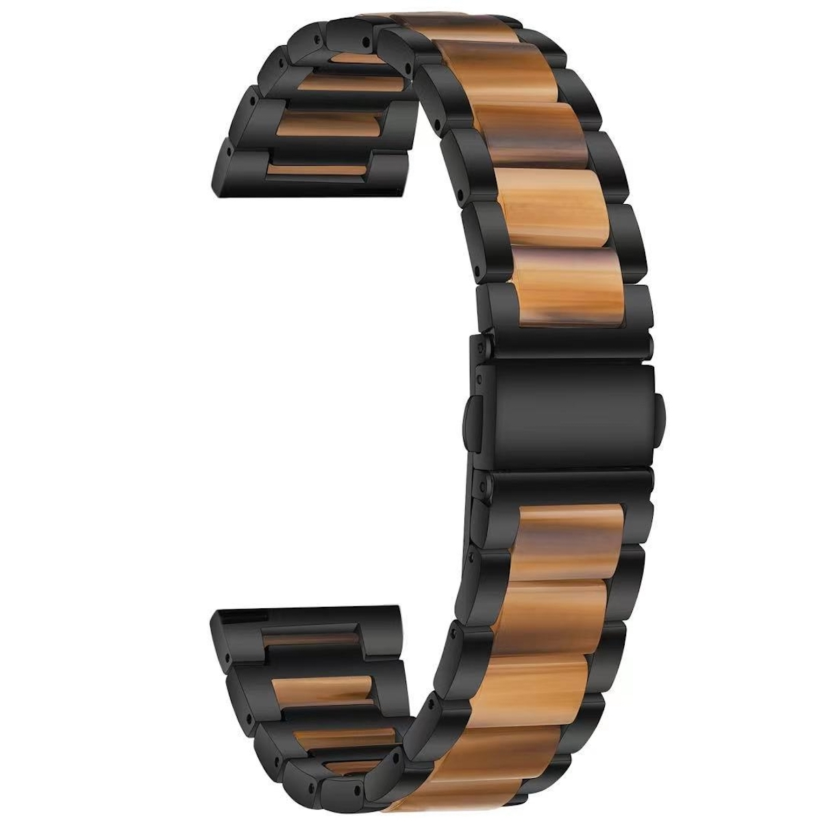 Armband mit schwarzen und braunen Gliedern. Die Glieder sind aus Holz und Metall.