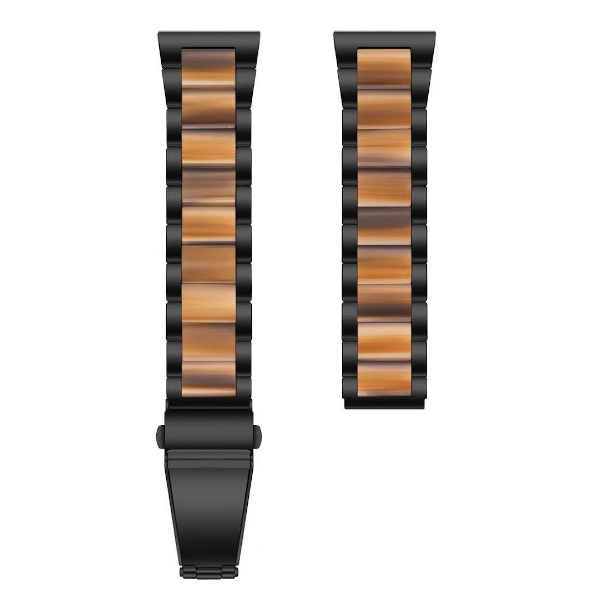 Armbandglieder in Schwarz und Holzmaserung. Zwei Teile, eines mit Verschluss.
