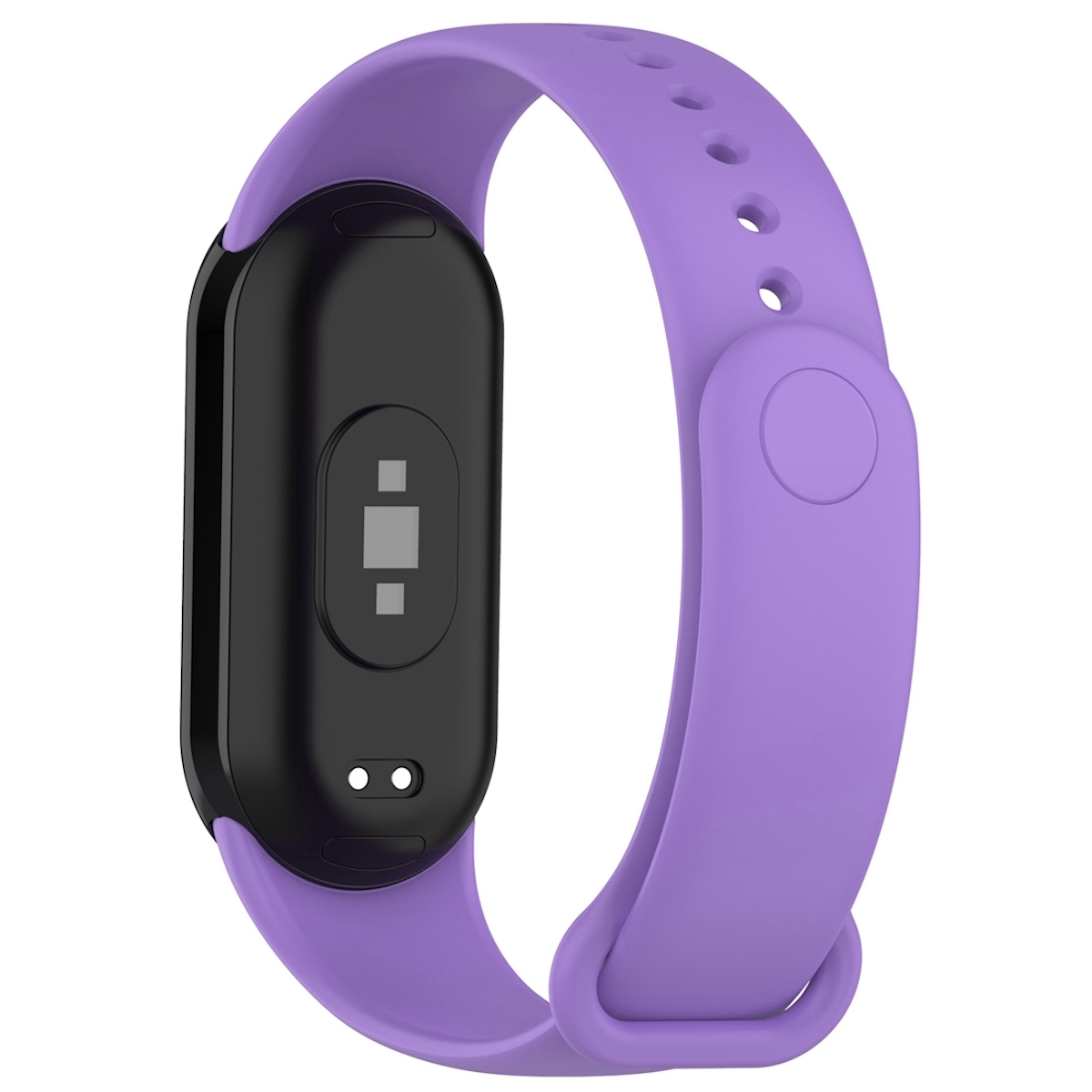Lila Fitness-Tracker. Schwarzer Sensorbereich und Lavendelband.