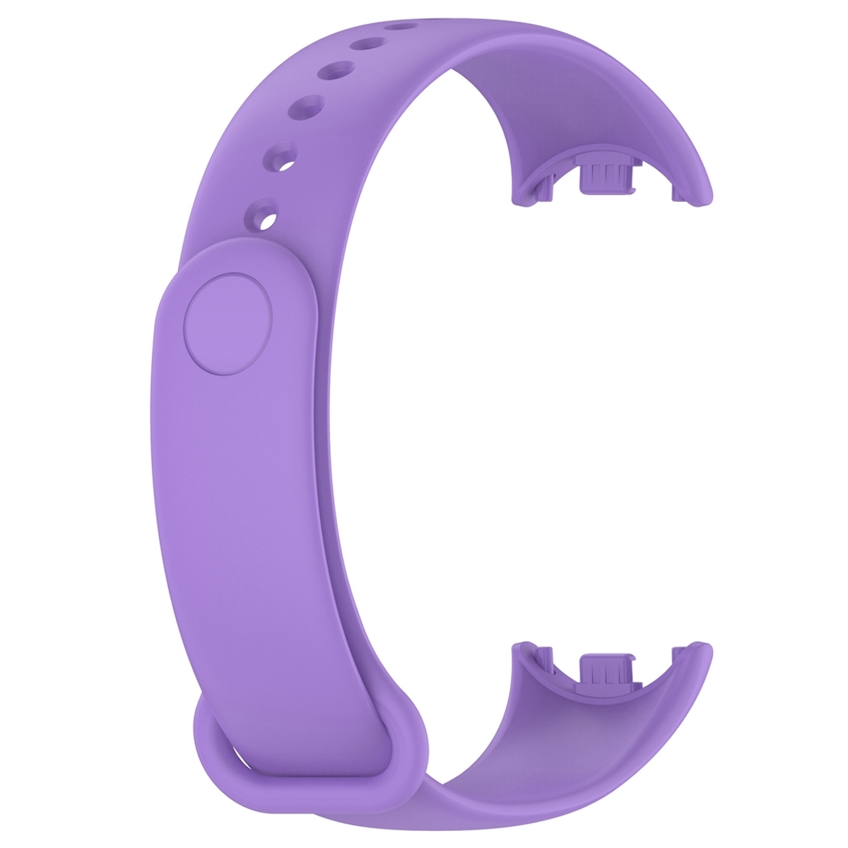Ein gebogenes, lavendelfarbenes Uhrenarmband.
