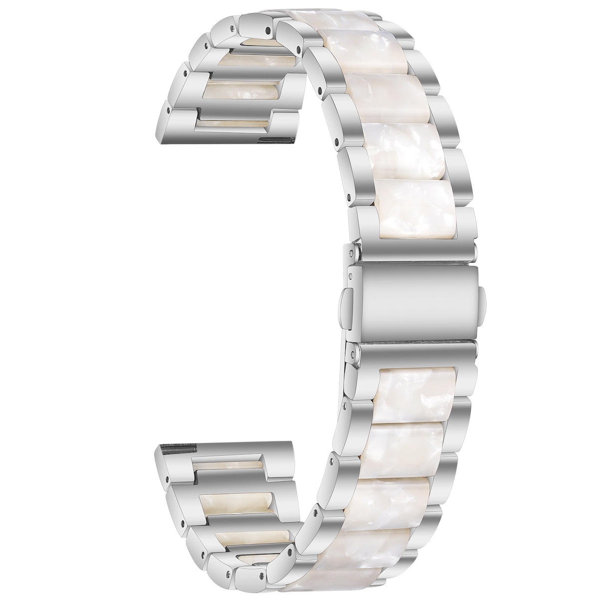 Ein Uhrenarmband aus weißem und glänzendem Material. Es hat silberne Metallglieder.
