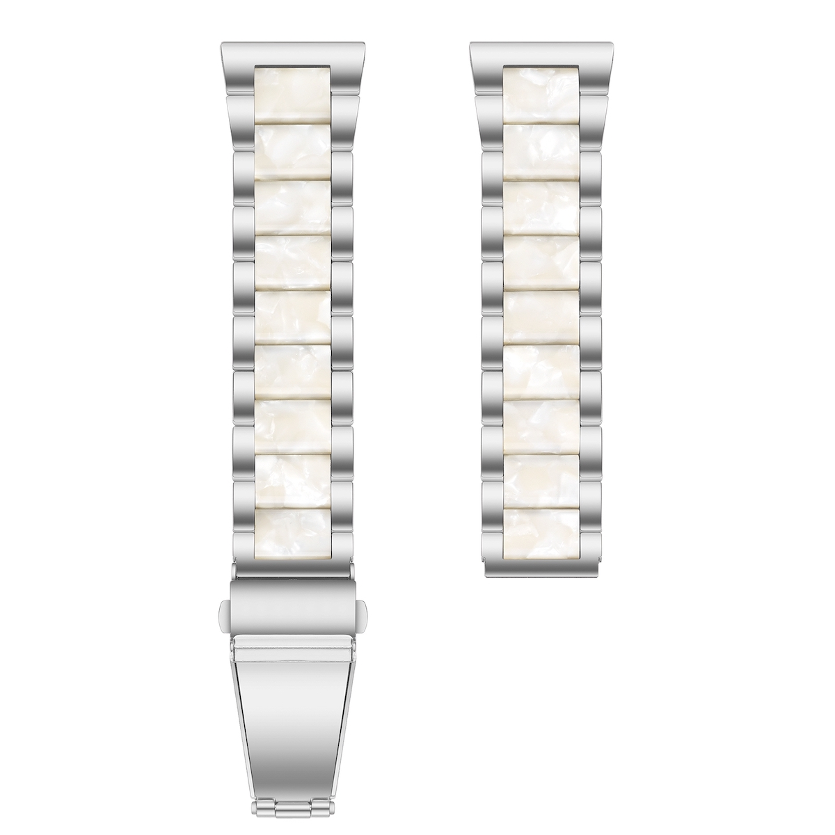 Zwei silberne Armbänder mit perlenartigen Einsätzen. Schnalle ist sichtbar.