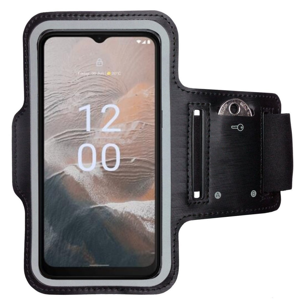 Schwarze Armbinde mit Telefon, Münz- und Schlüsselhalter und Riemen.