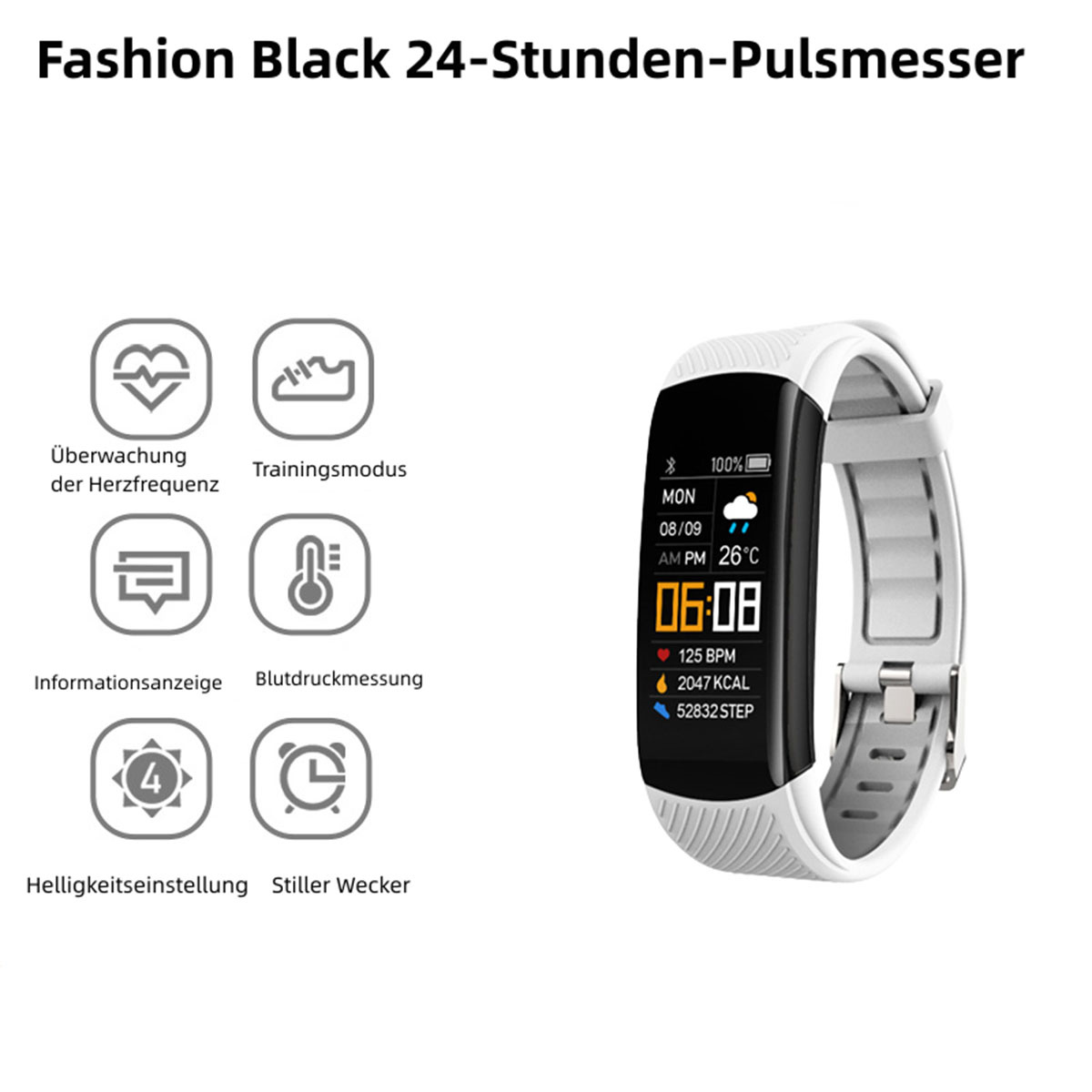 Weiß-schwarze Smartwatch mit Bildschirm, der Gesundheitsdaten und Symbole anzeigt.