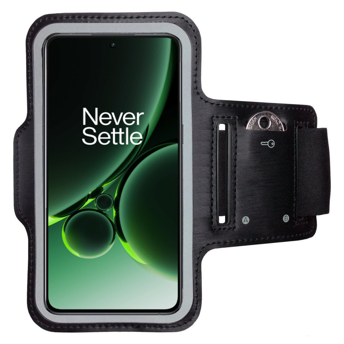 Schwarze Armbinde mit Telefon, kleiner Tasche mit Münze und Schlüssel, sowie einem Riemen.