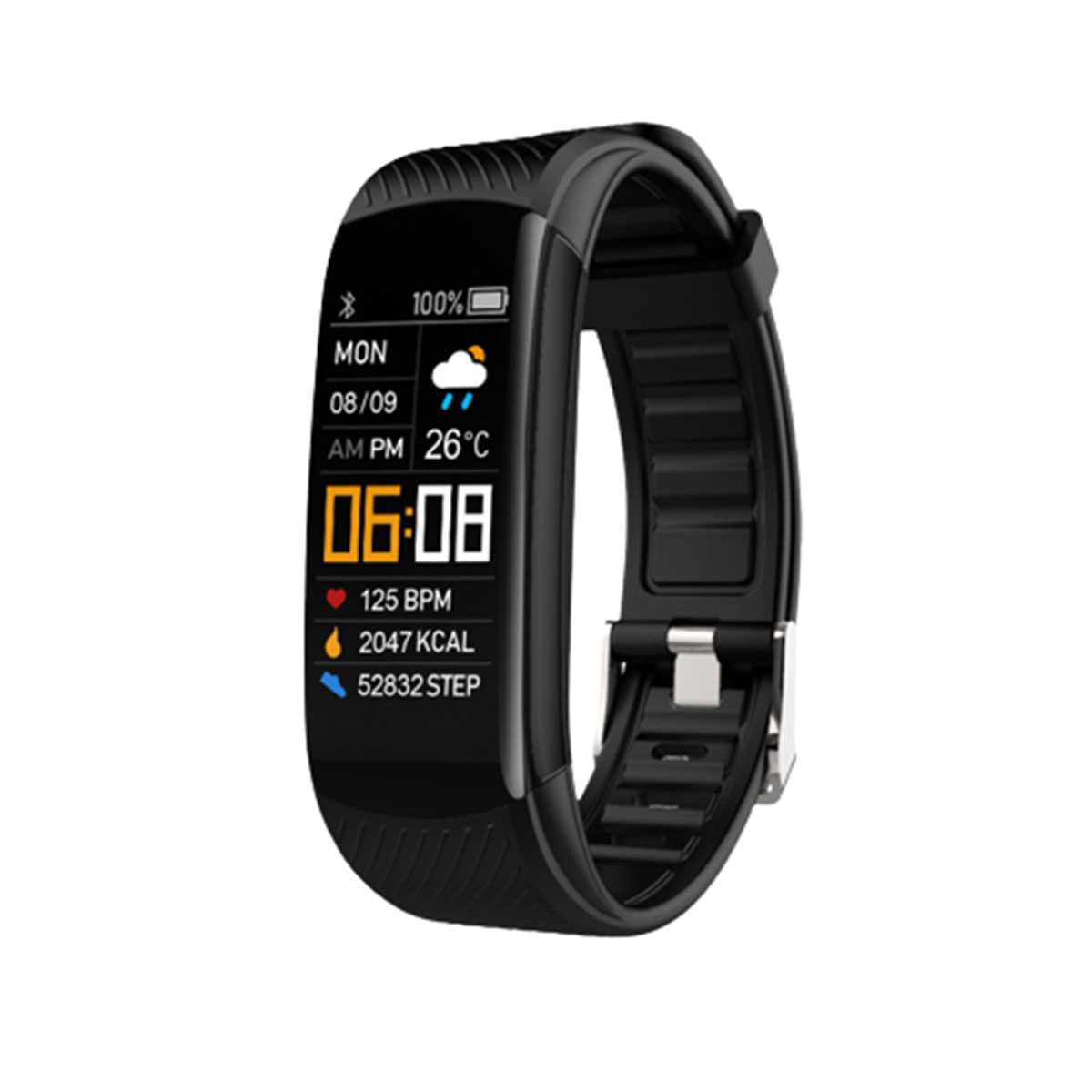 Schwarze Smartwatch mit Zeit, Wetter und Gesundheitsdaten. Schwarzes Armband mit Verschluss. Weißer Hintergrund.