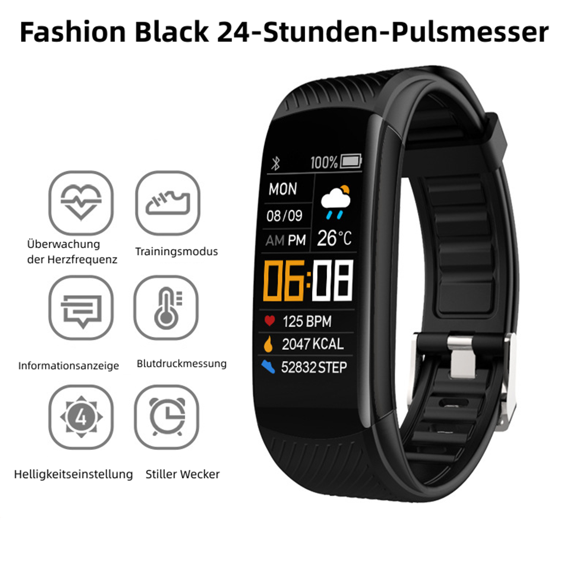 Schwarze Smartwatch zeigt Zeit, Statistiken und Symbole. Enthält mehrere Symbole und Auslesungen.