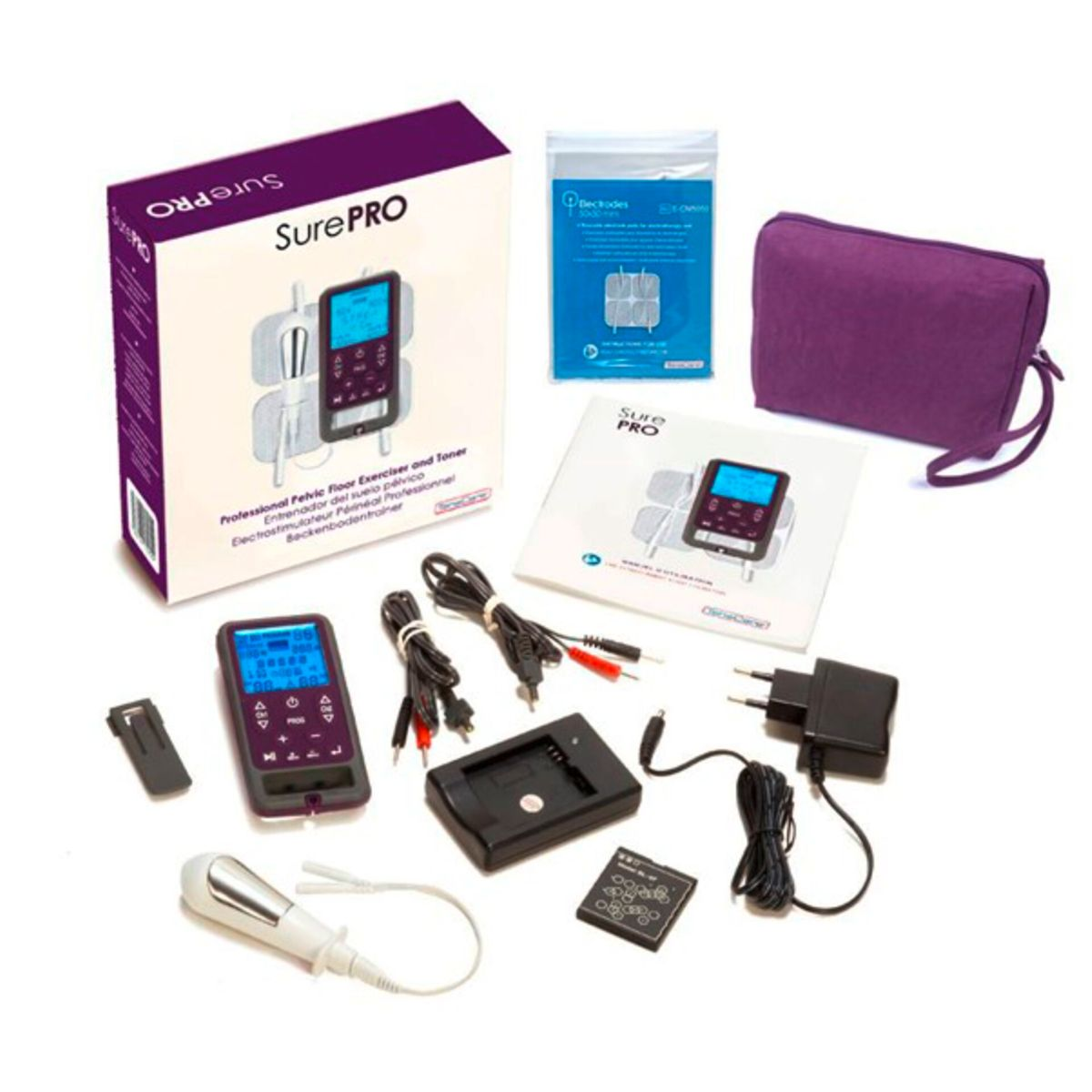 Set per pavimento pelvico SurePRO con dispositivo, cavi, caricabatterie e accessori.