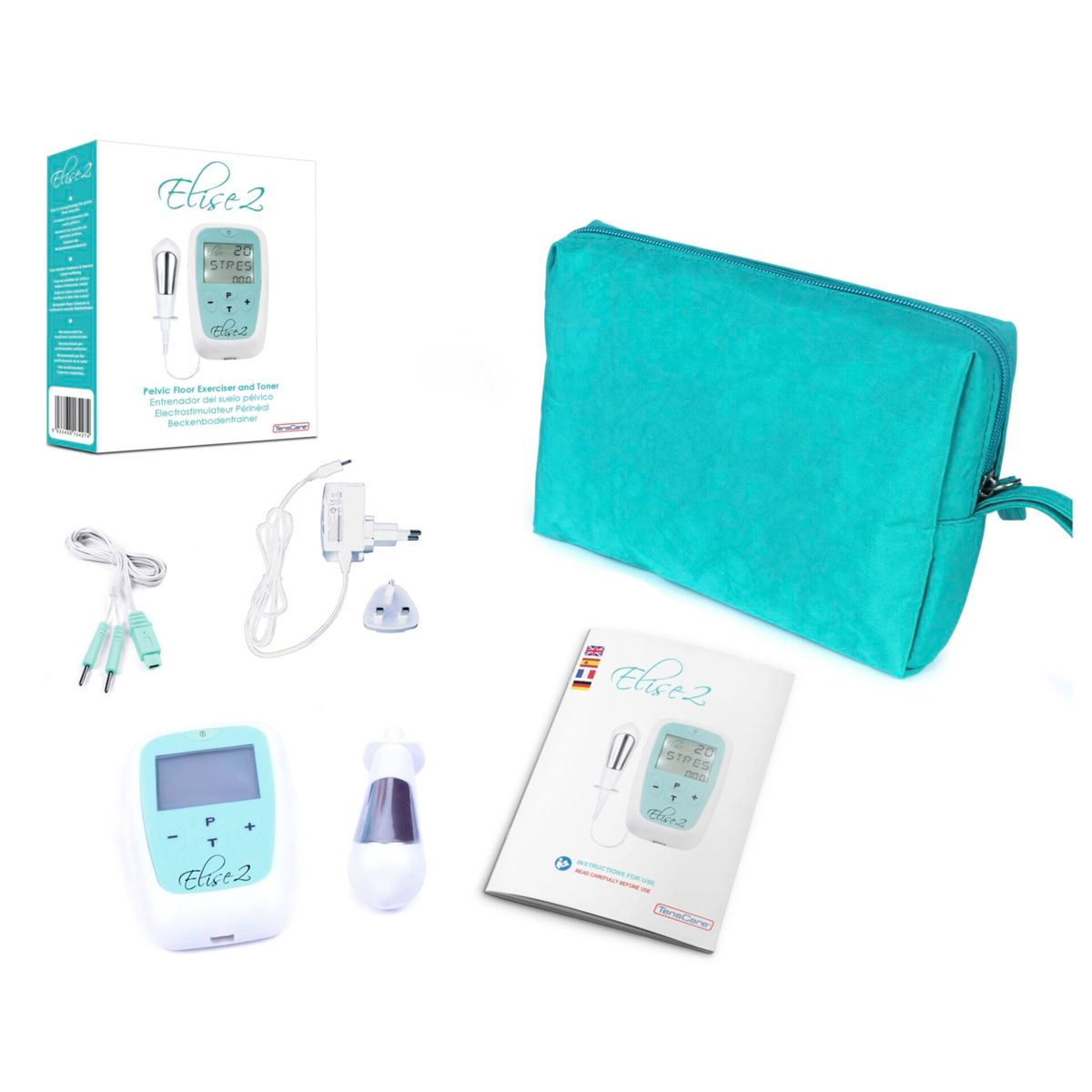 Un elettrostimolatore pelvico con accessori e una borsa.