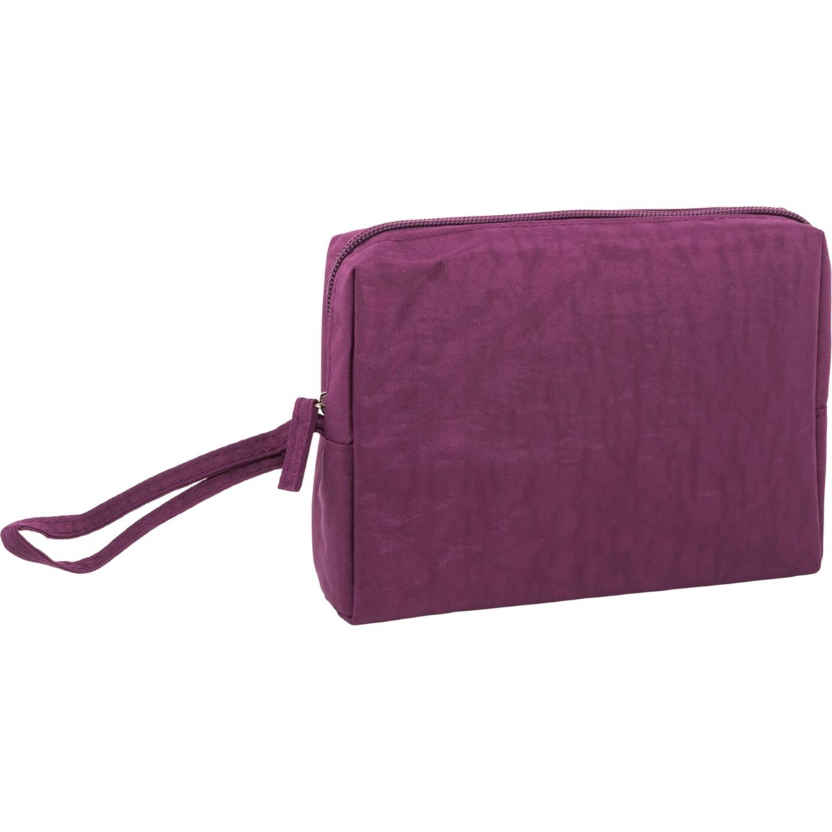 Una pochette con zip color prugna con cinturino a sinistra, su sfondo bianco.