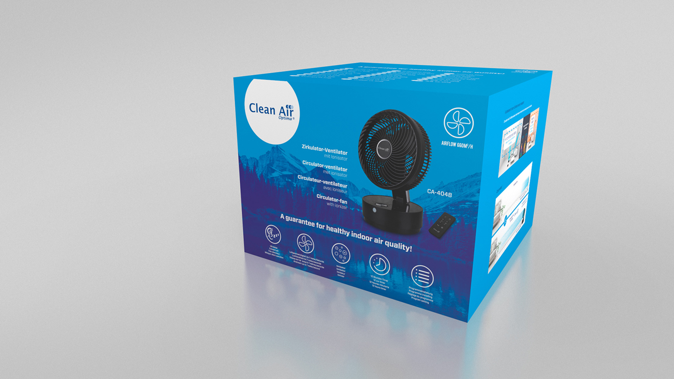 Une boîte bleue pour un ventilateur de circulation Clean Air, avec le ventilateur affiché et les infos produit.