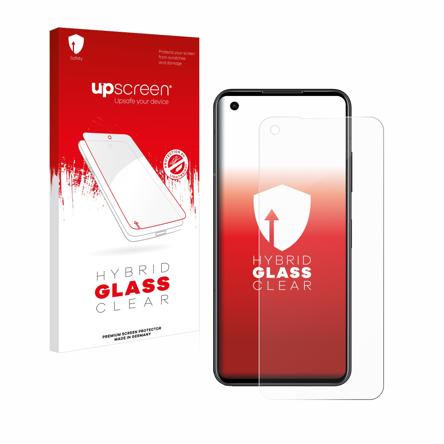 Displayschutzbox und Telefon. Klarer Schutz auf dem Bildschirm. Rote und weiße Verpackung. Weißer Hintergrund.