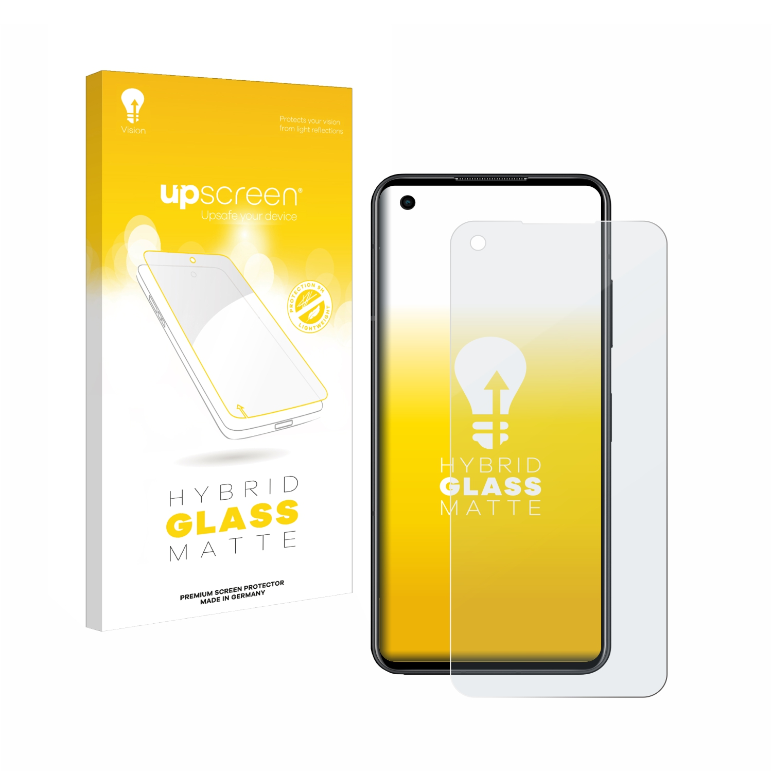 Displayschutzfolienbox und Telefon mit aufgetragener Schutzfolie, weißer Hintergrund.