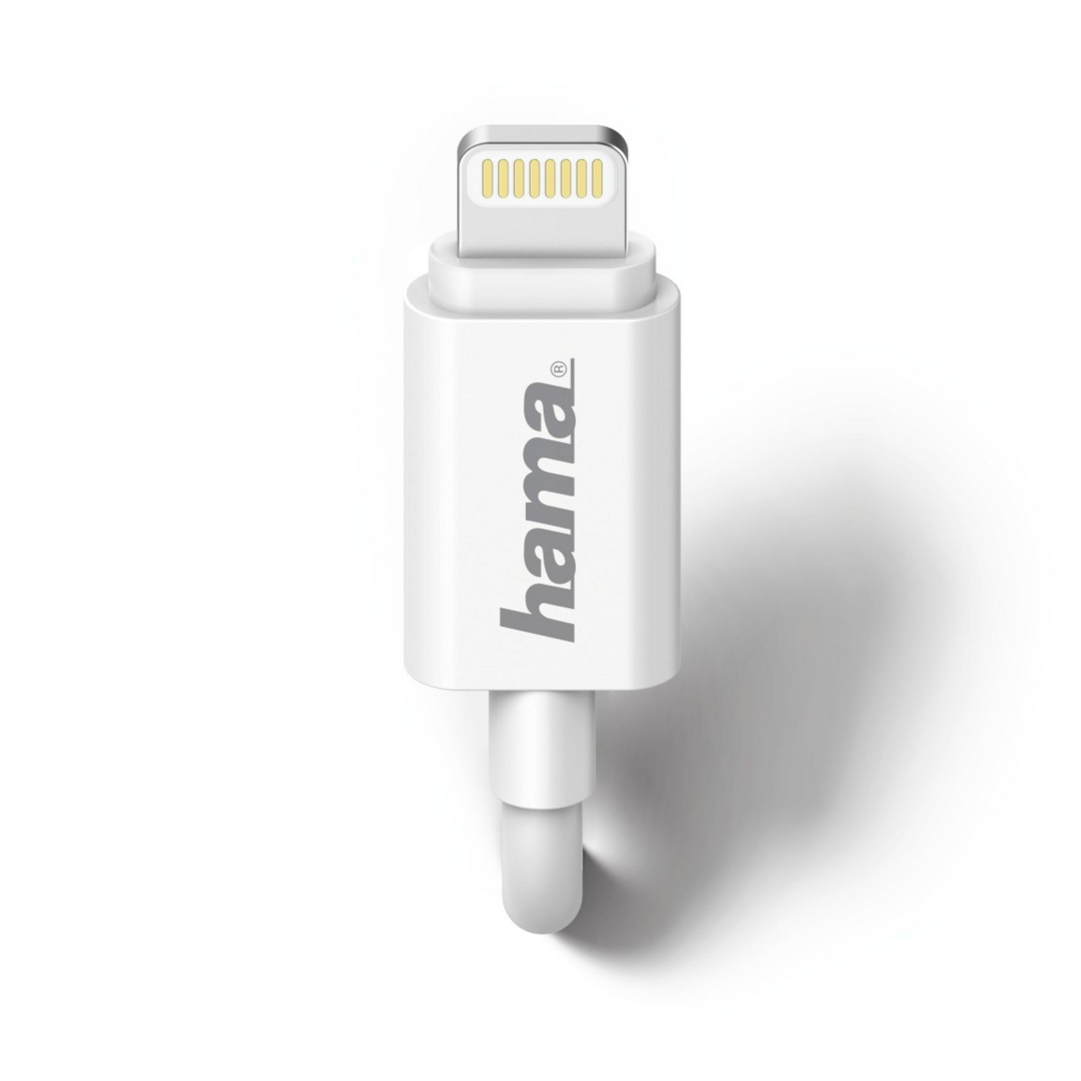 Ein weißes Ladekabel mit Lightning-Anschluss, mit 'hama' beschriftet.