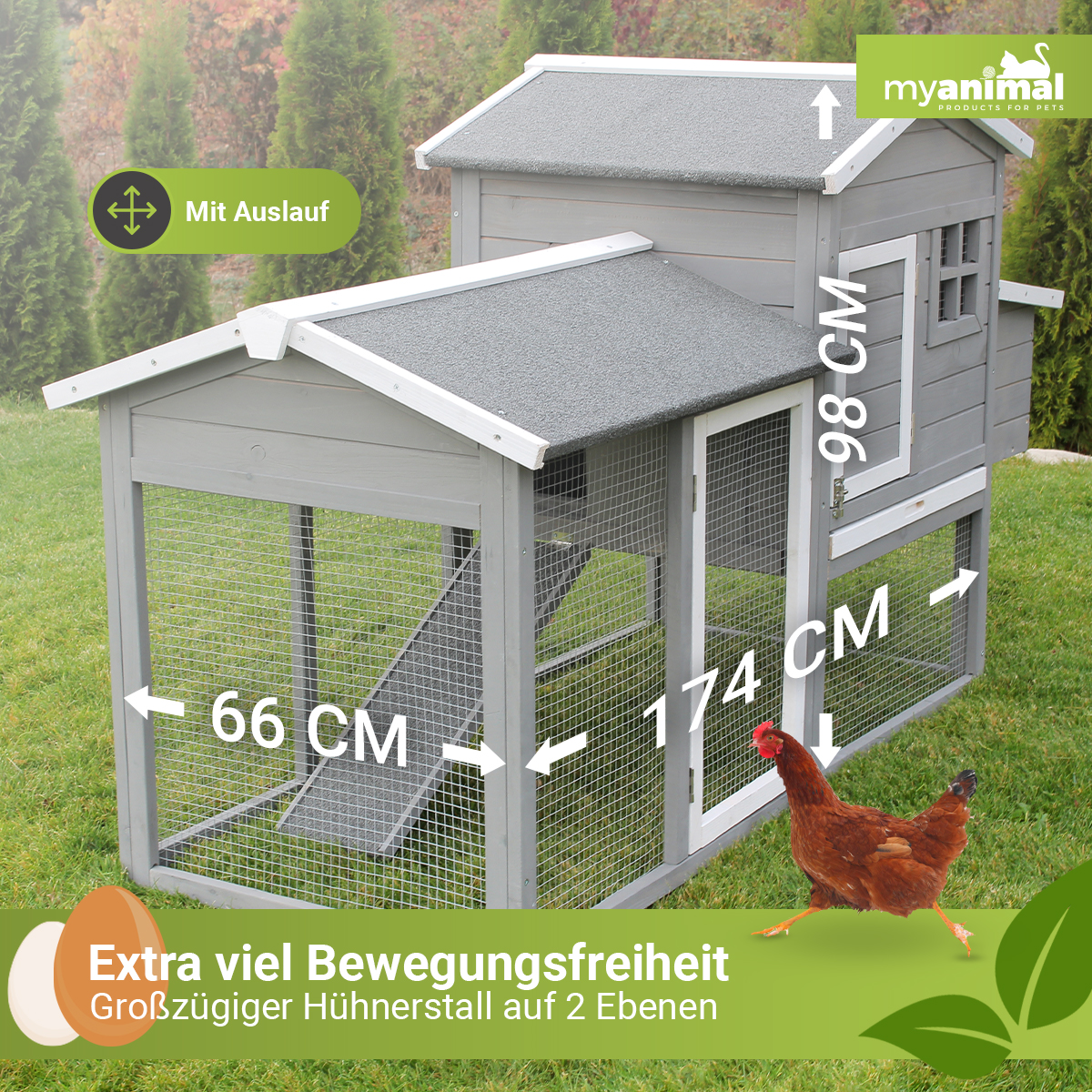Ein grauer Hühnerstall mit einem Huhn daneben, mit Maßen.