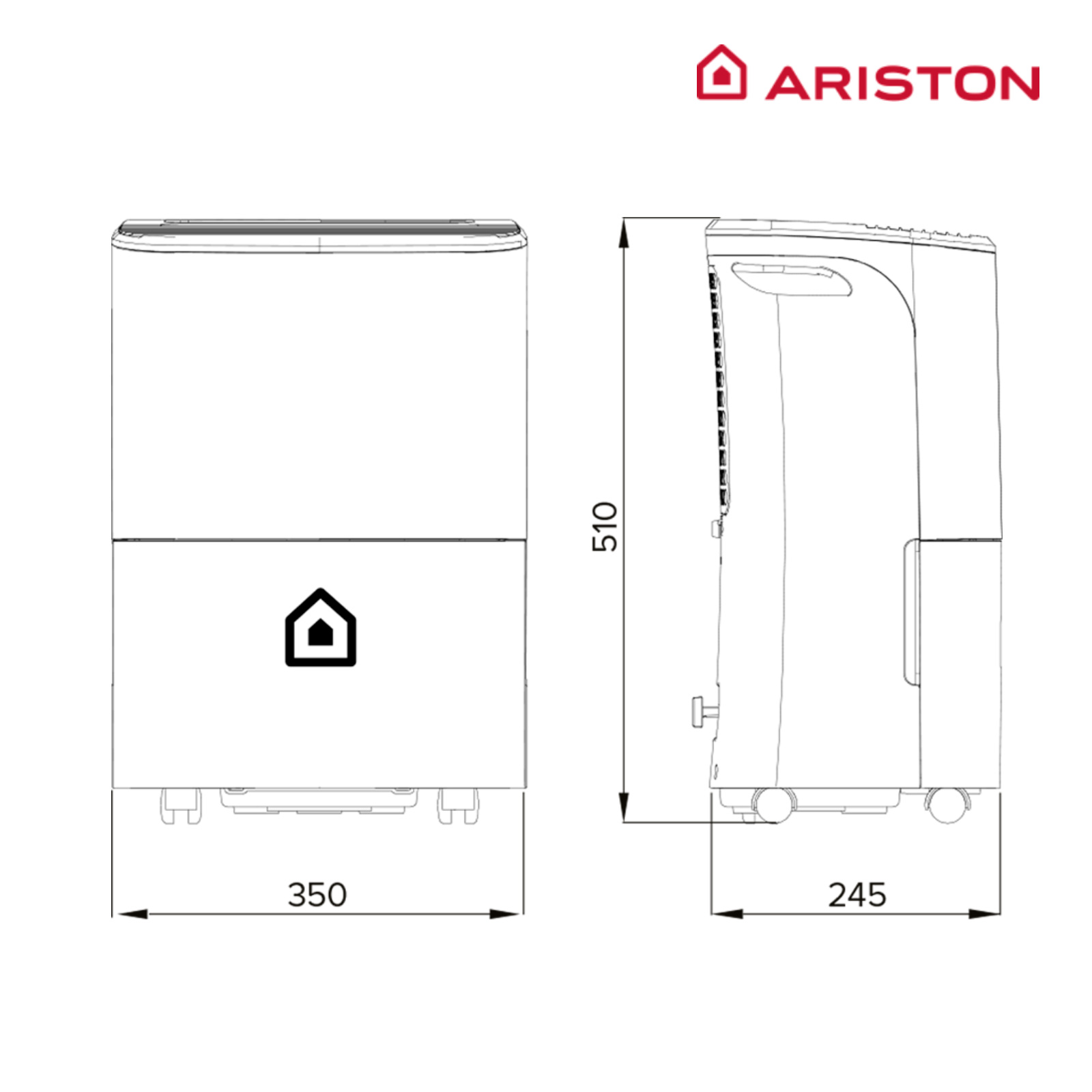 Dibujo técnico de un deshumidificador Ariston, mostrando dimensiones y características.