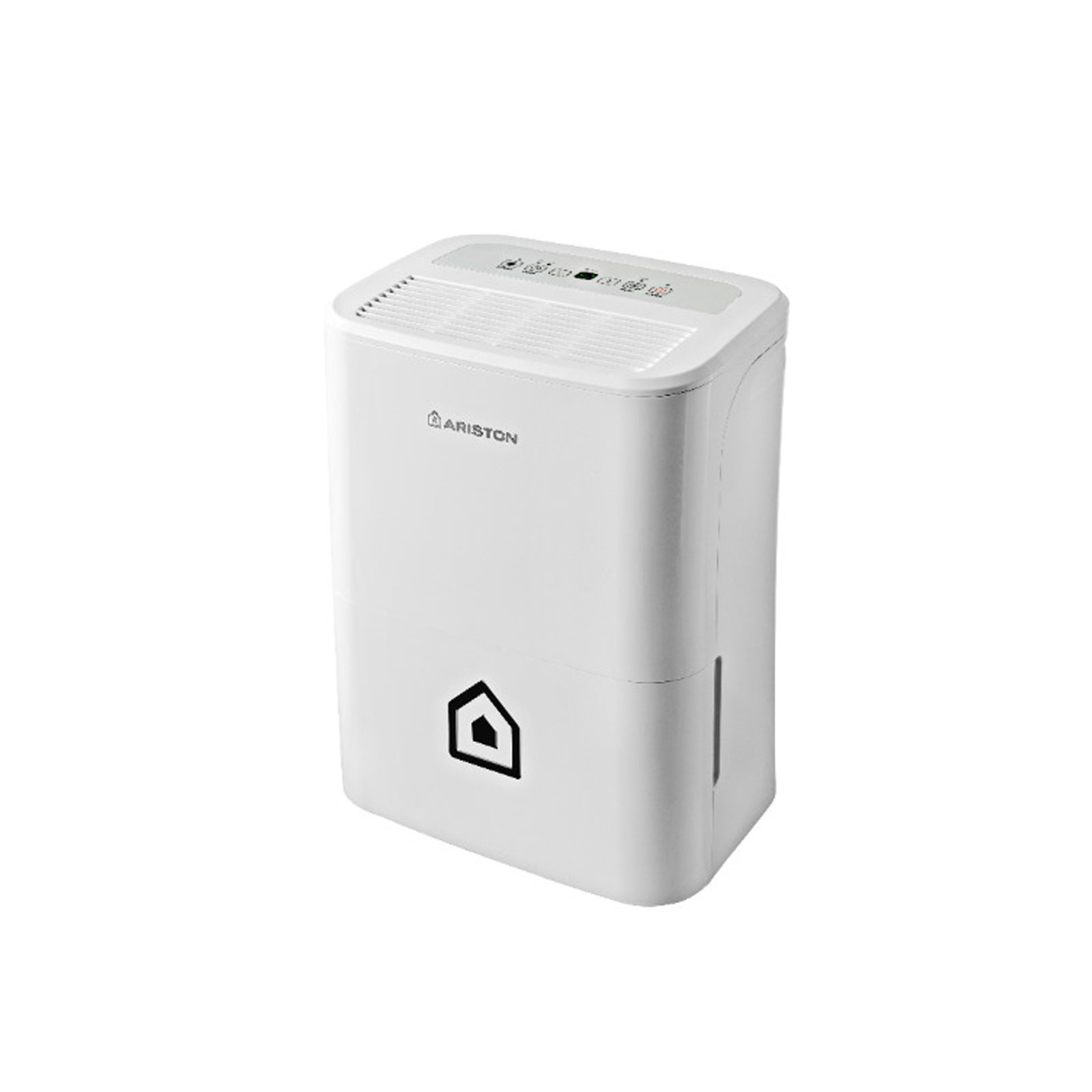 Deshumidificador Ariston blanco. Tiene forma rectangular con ventilación superior e icono de casa.