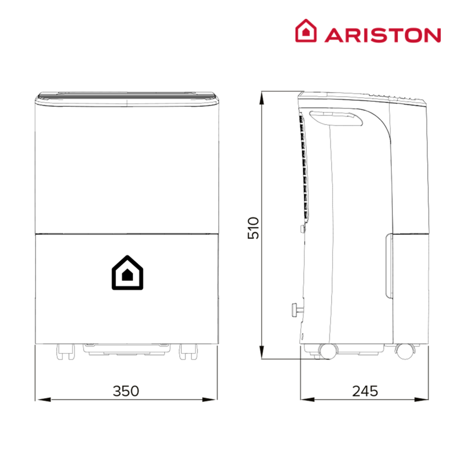 Diagrama con dimensiones de un deshumidificador blanco. Muestra vistas frontal y lateral con medidas.