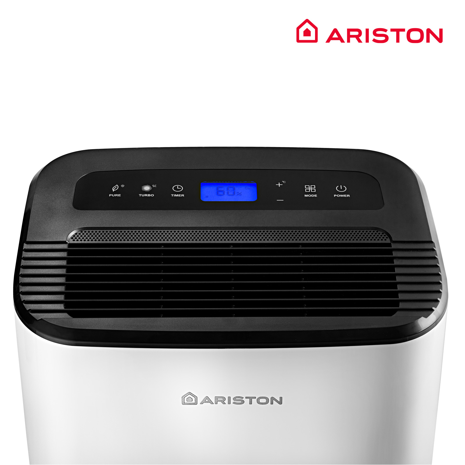 Un purificador de aire Ariston blanco y negro con pantalla digital, con el logotipo de Ariston visible.