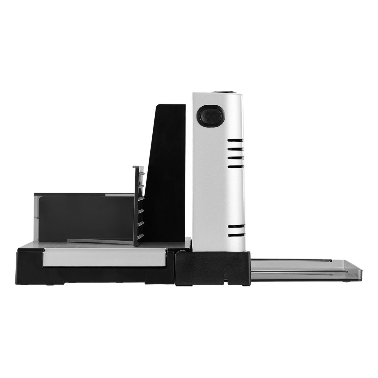 Skaner z czarnym i srebrnym korpusem. Jest na białym tle. Pokazano widok z boku.