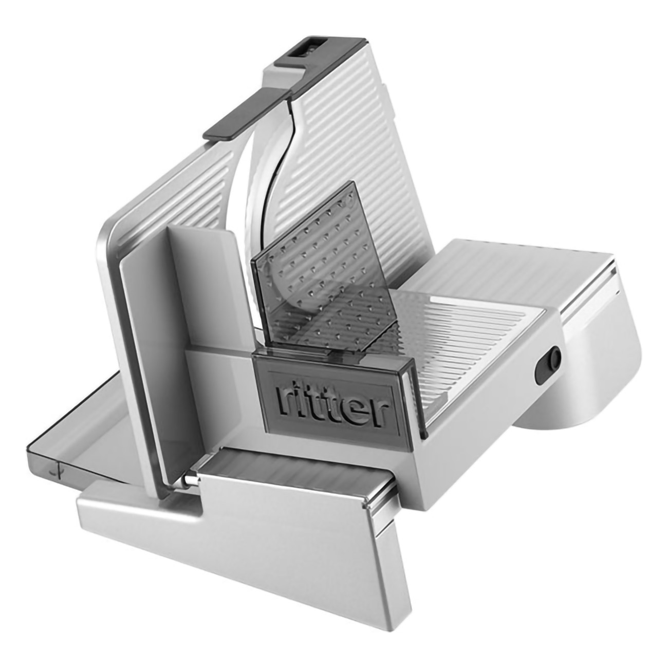 Biało-szara krajalnica do żywności. Krajalnica ma ostrze i tackę.