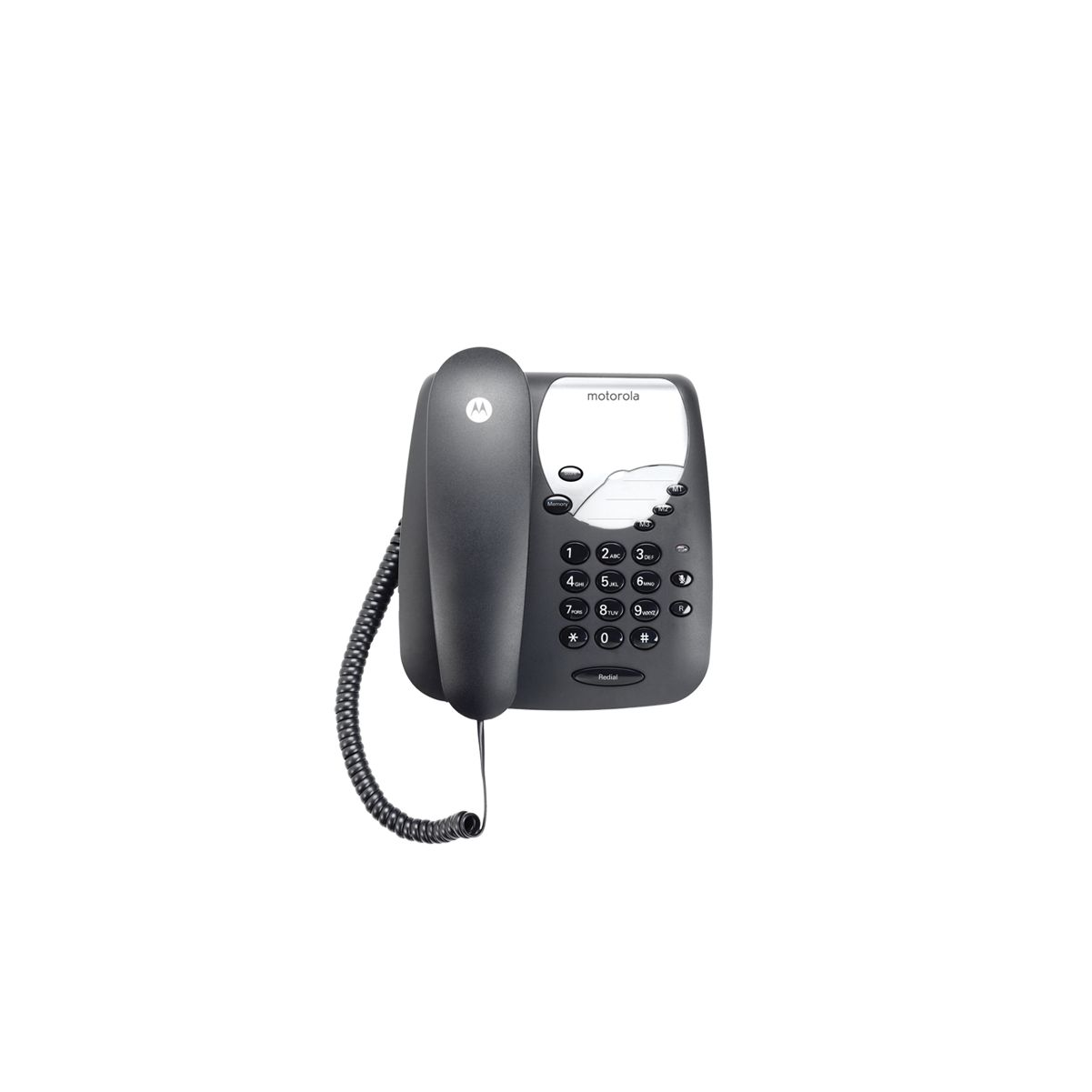 Czarny telefon Motorola ze słuchawką i klawiaturą numeryczną.