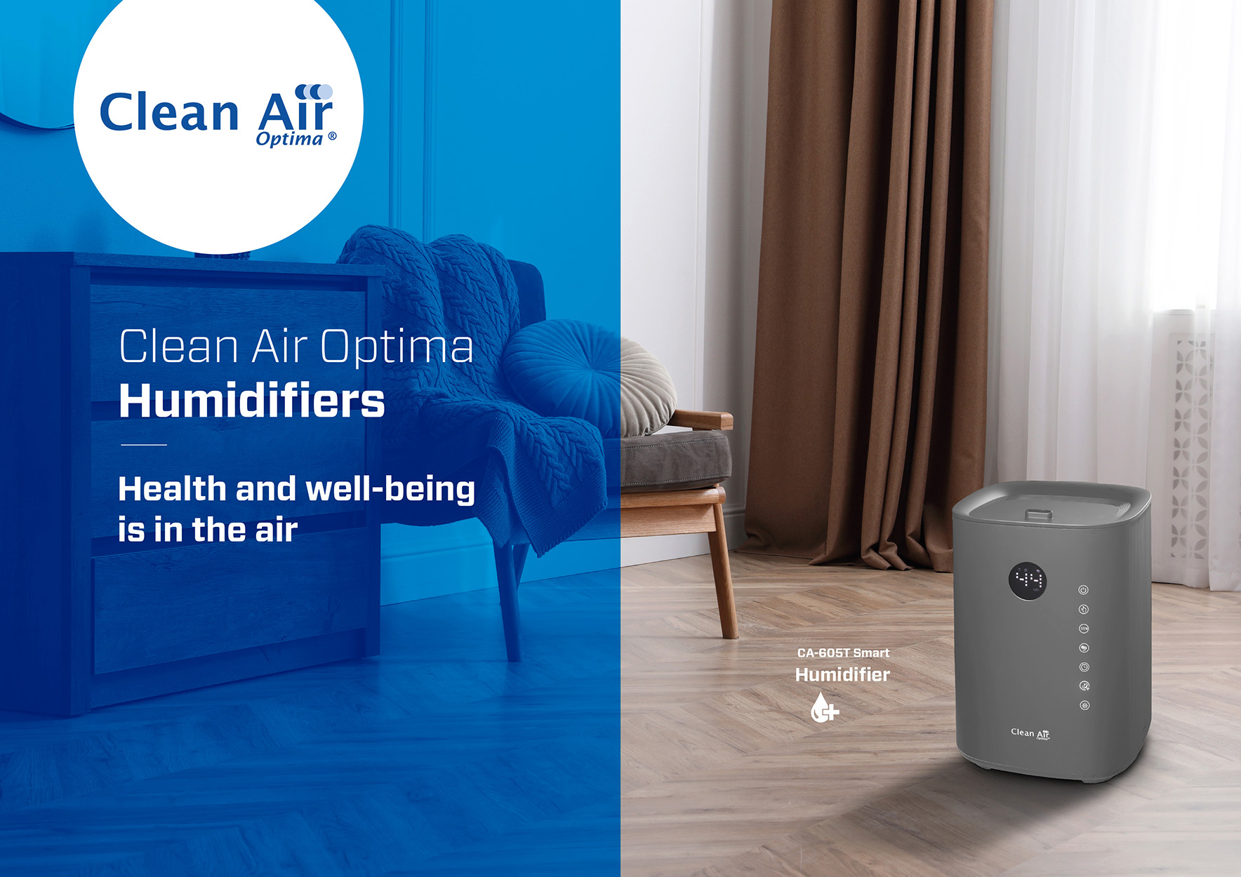 Ein Werbebild mit dem Text 'Clean Air Optima Humidifiers'. Es zeigt einen Luftbefeuchter und eine Wohnzimmerszene.