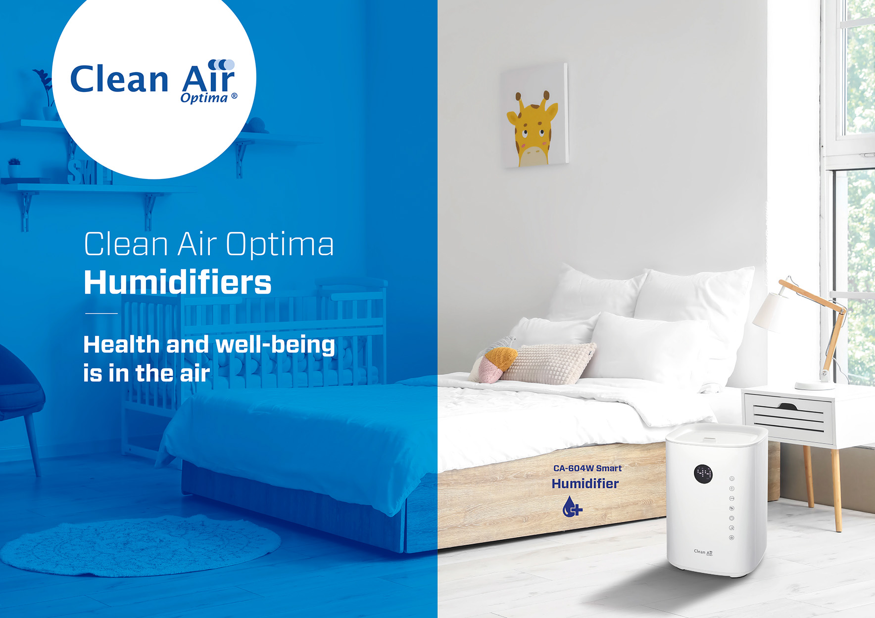 Zimmer mit Kinderbett, Bett und Luftbefeuchter. Texte: Clean Air Optima, Luftbefeuchter und Gesundheit und Wohlbefinden.