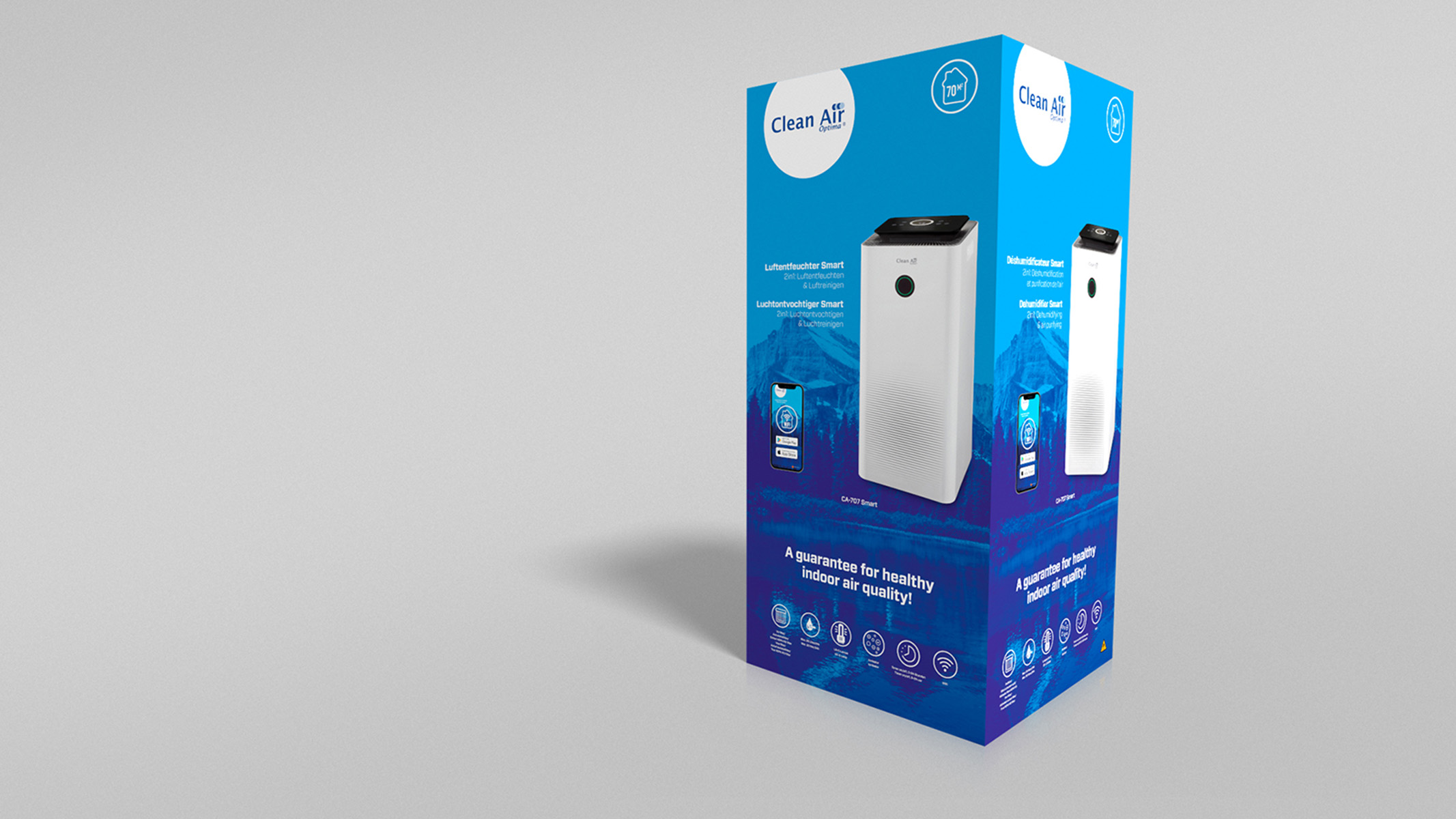 Blau-weiße Luftreinigerbox mit Produktbild auf grauem Hintergrund.