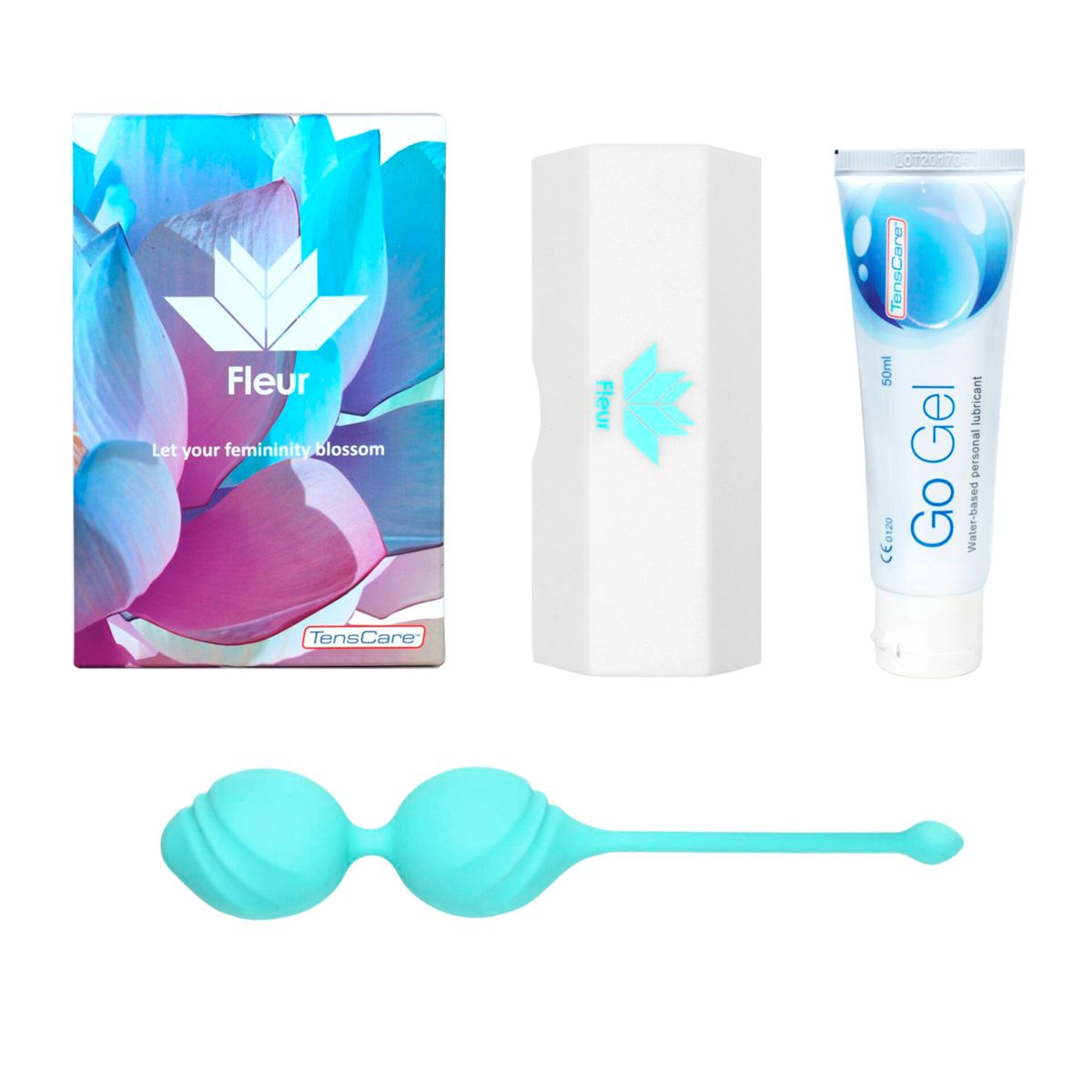 Fleur Produktset. Enthält Box, Applikator, Gleitmittel und blaue Vaginalkugeln.