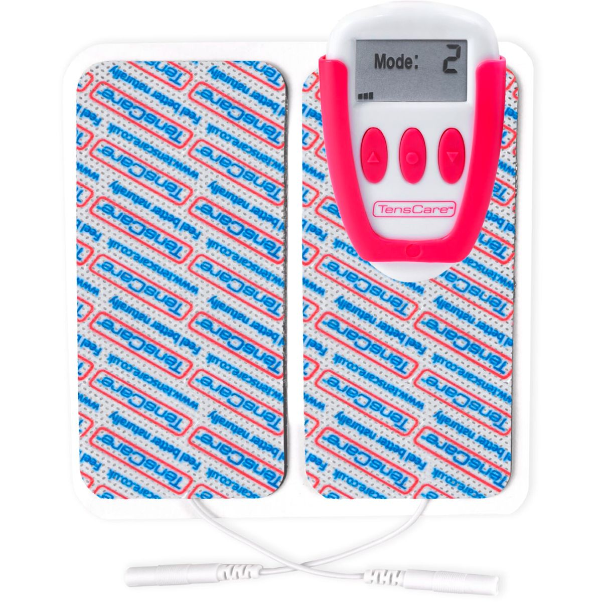 TENS-Gerät mit Pads und Controller, der Modus 2 anzeigt. Rosa und weiße Farben.