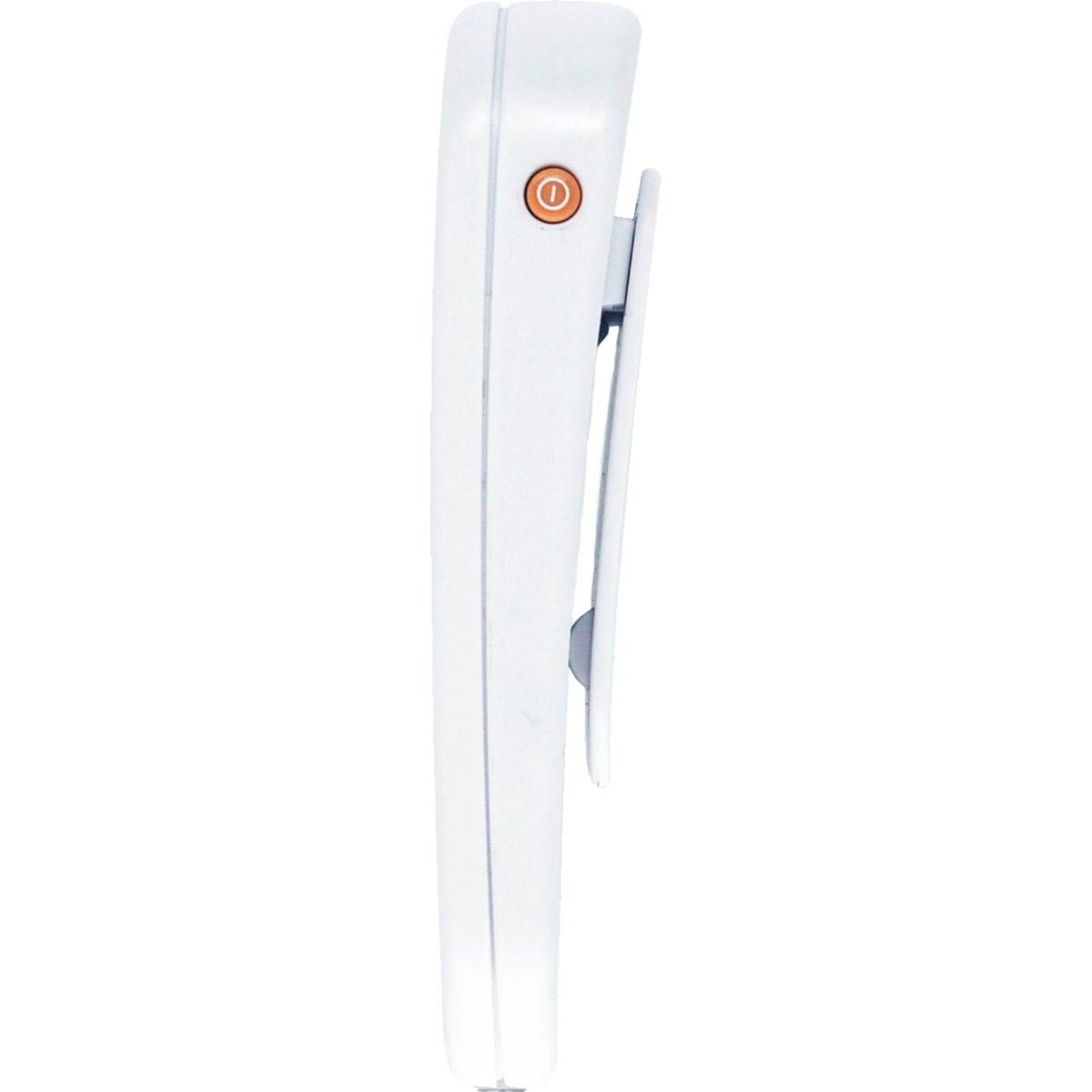 Weißes Gerät mit orangefarbenem Knopf und Clip. Weißer Hintergrund.