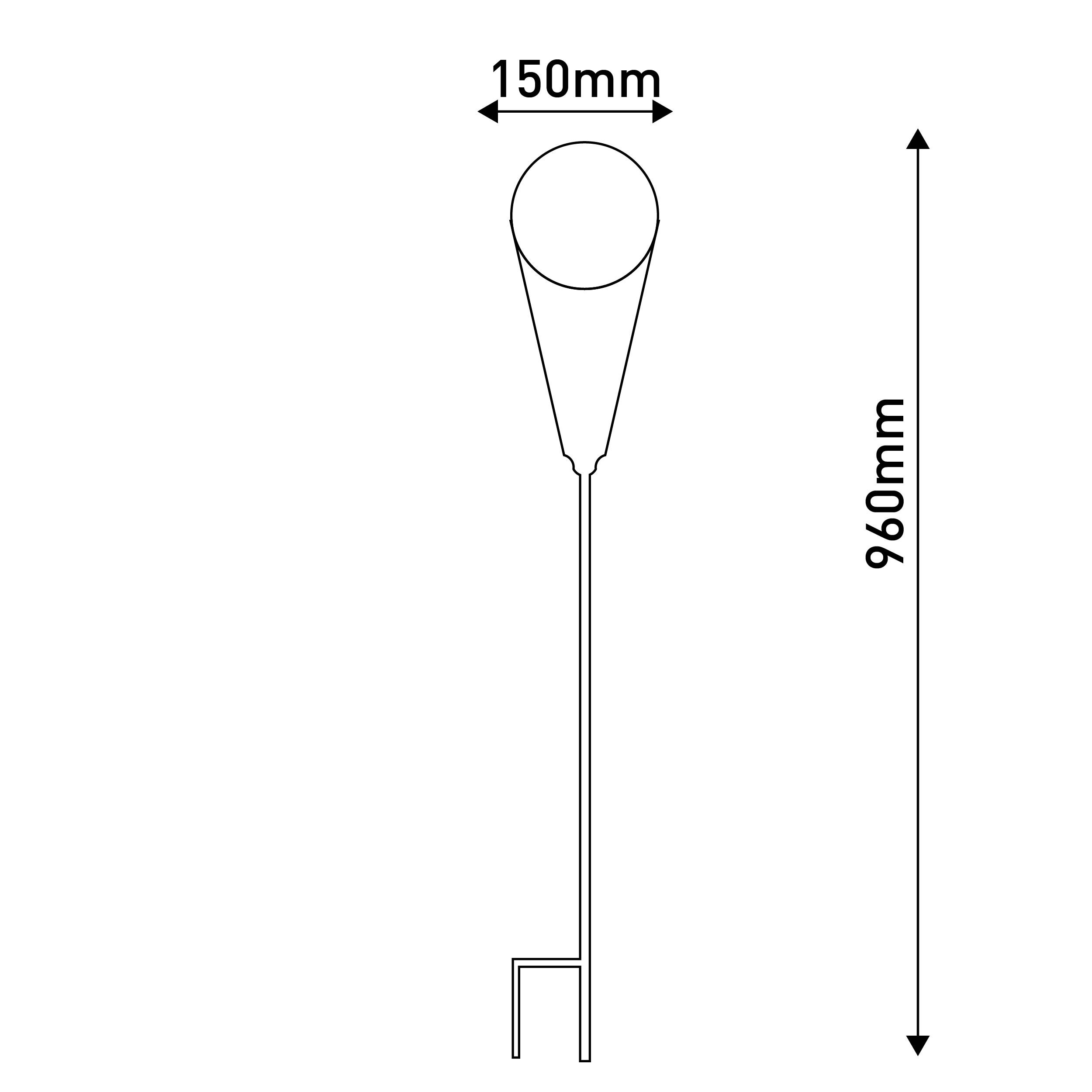 Eine Zeichnung einer fackelförmigen Gartenleuchte mit den Maßen: 150 mm breit, 960 mm hoch.