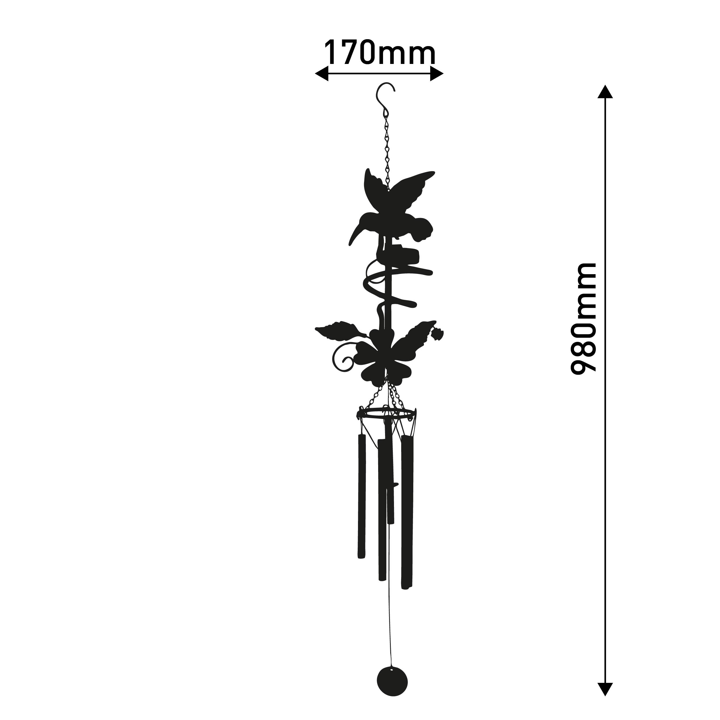 Schwarze Metall-Windspiele mit Kolibri und Blumen.
