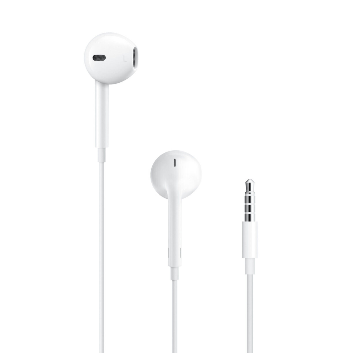 Auricolari Apple bianchi con jack da 3,5 mm, isolati su sfondo bianco.