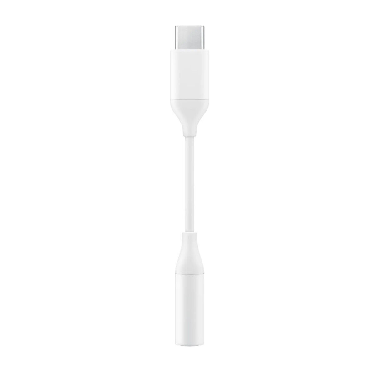 Ein weißes USB-C-auf-3,5-mm-Audio-Adapterkabel. Es ist ein kurzes, weißes Kabel.
