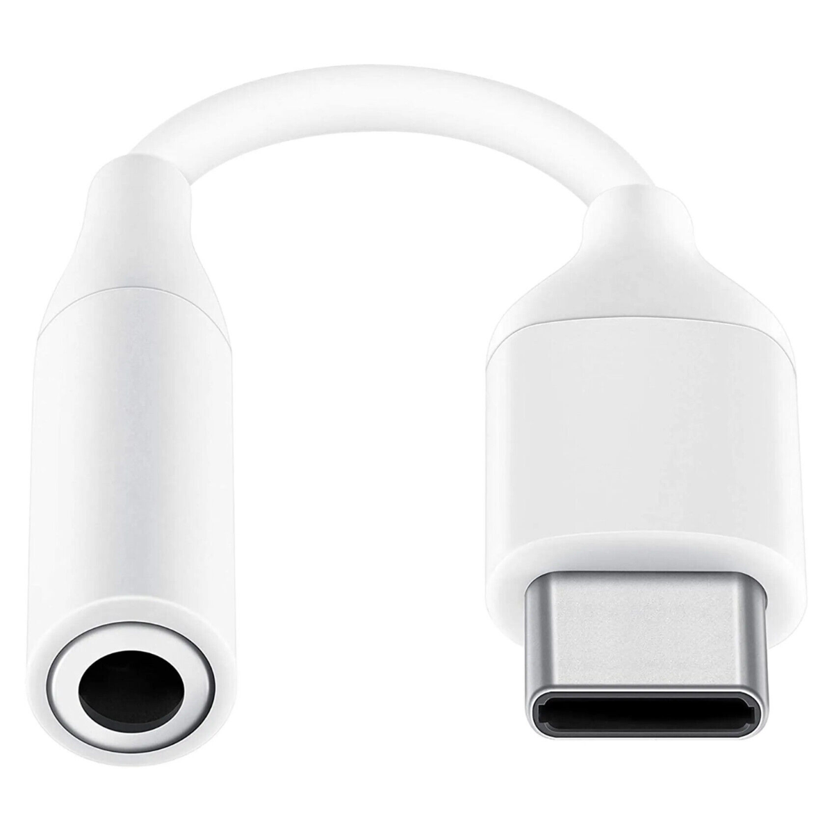 Ein weißer Adapter mit einer 3,5-mm-Buchse an einem Ende und einem USB-C-Anschluss am anderen.