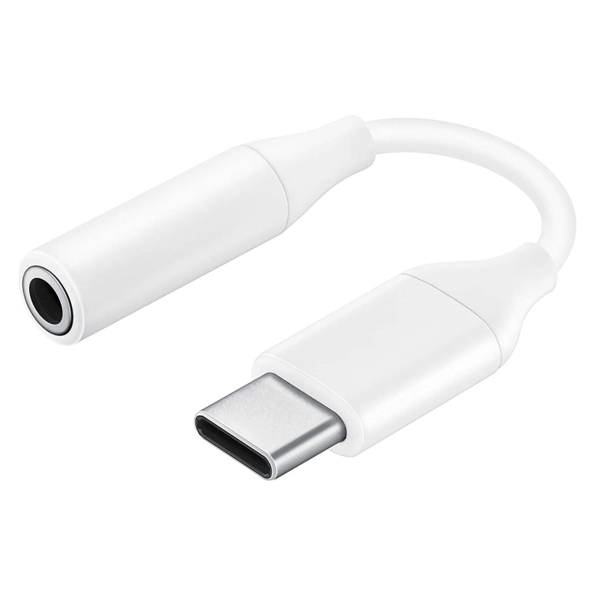 Weißer USB-C-zu-3,5-mm-Audioadapter mit gebogenem Design.
