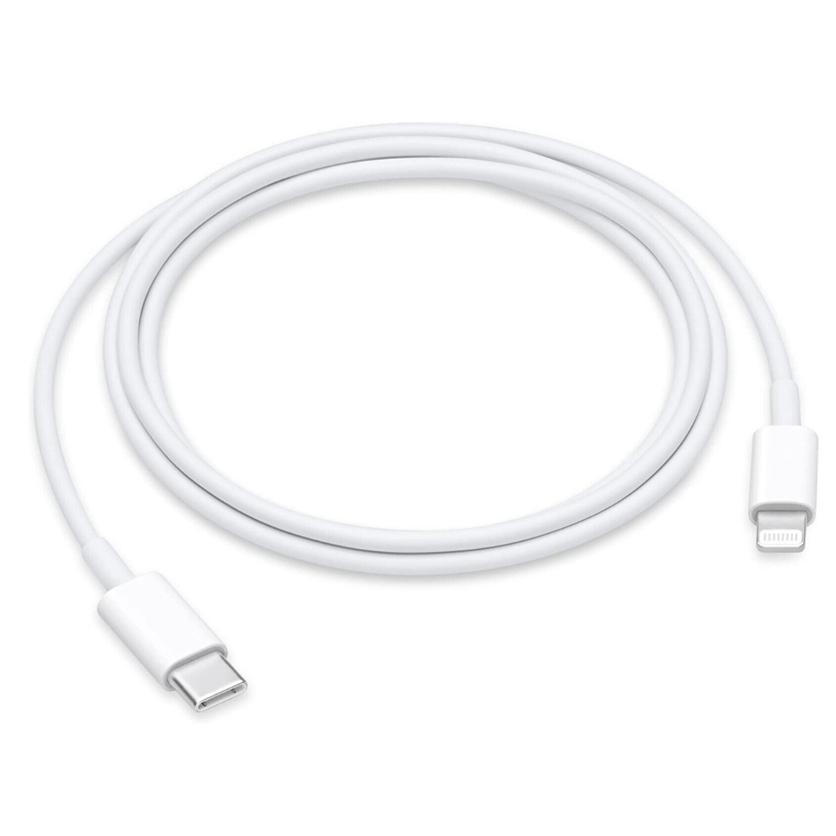Weißes Ladekabel mit USB-C- und Lightning-Anschluss.