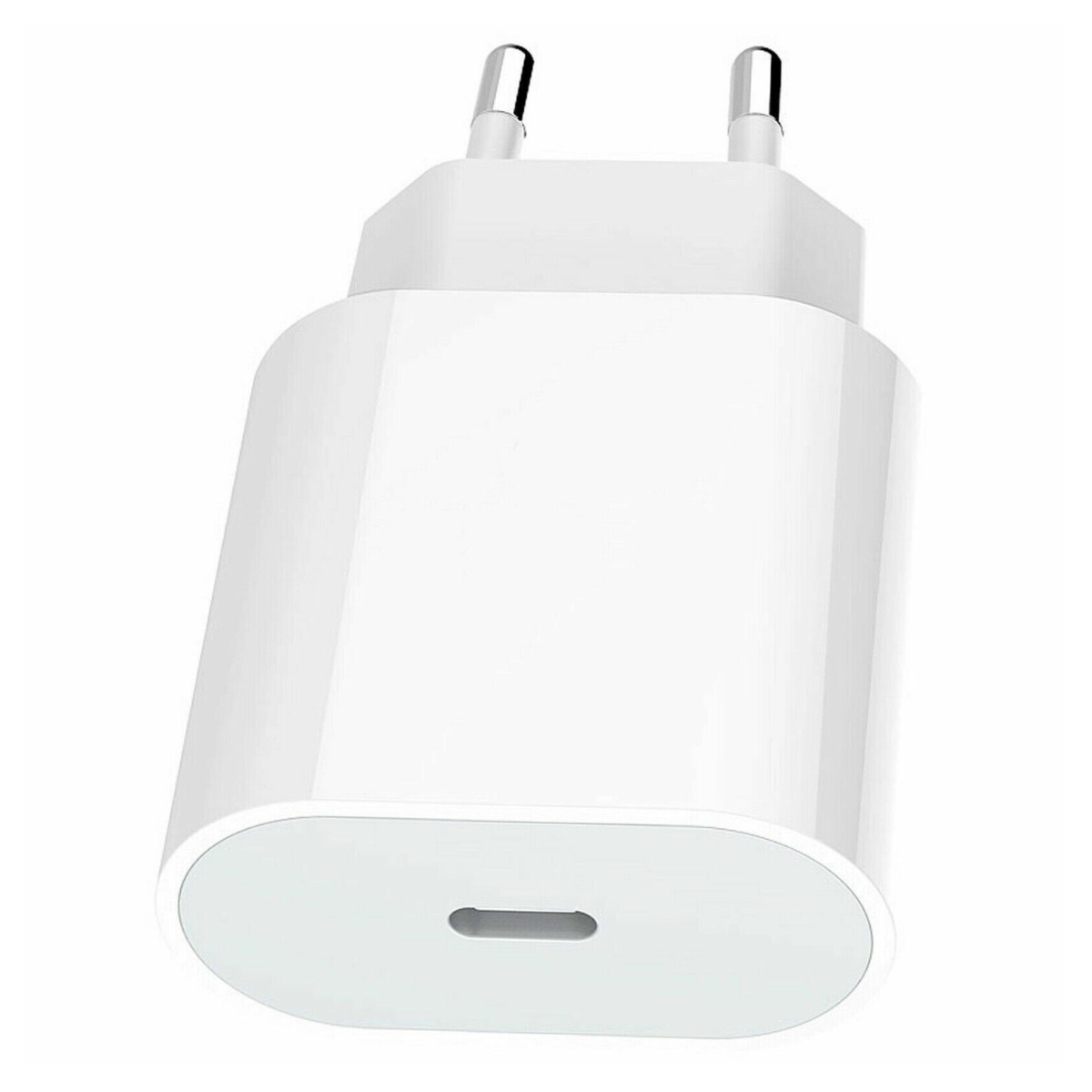 Weißes Ladegerät mit USB-C-Anschluss. Hat zwei Stifte zum Einstecken.