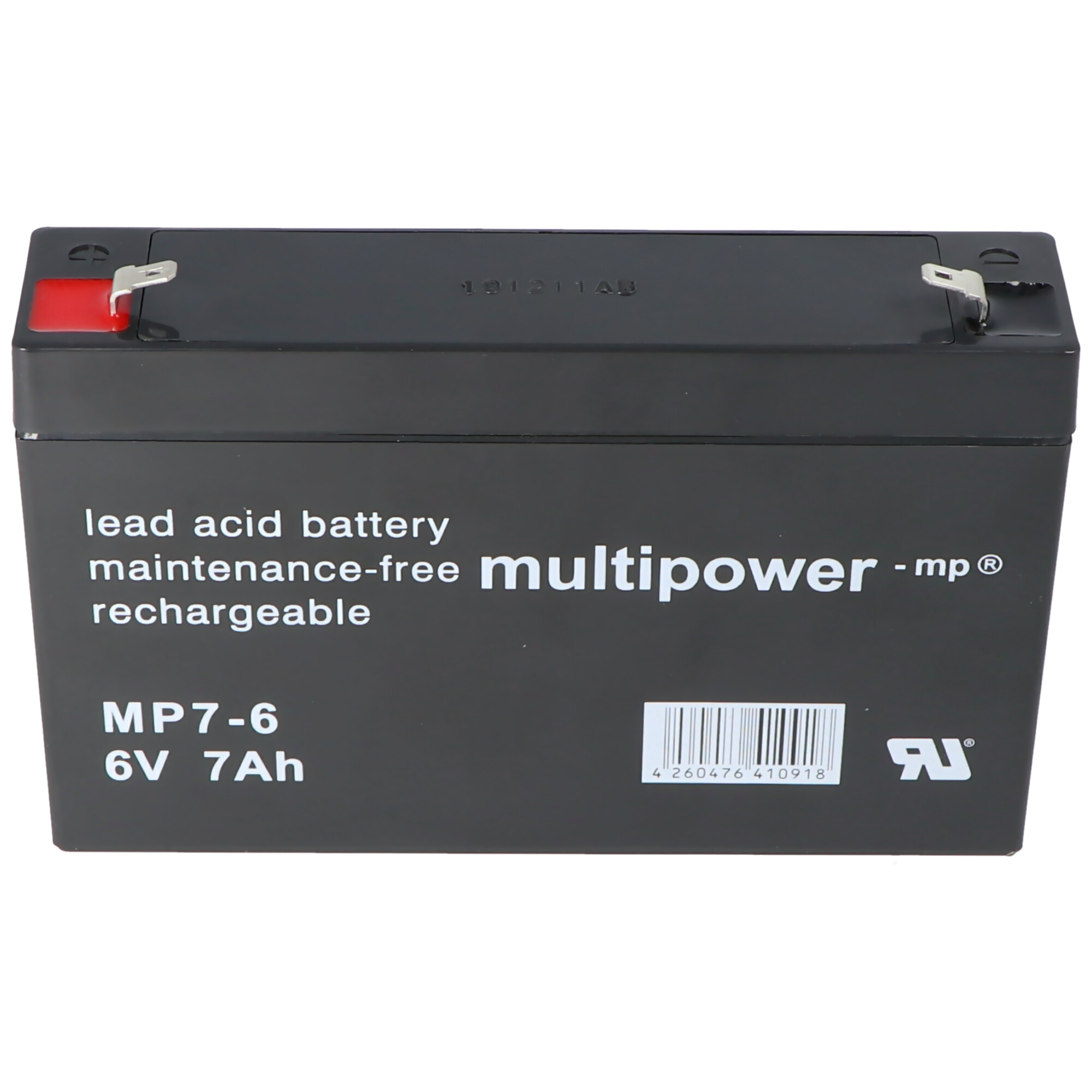 Schwarze, wiederaufladbare Blei-Säure-Batterie. Mit Etiketten und Barcode.